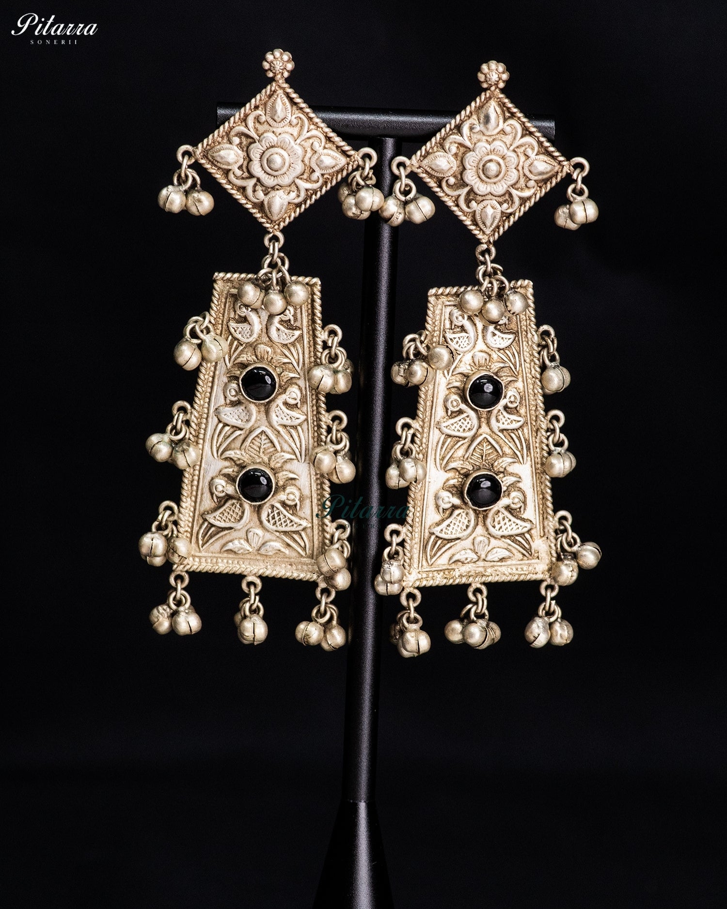 Black Stone Silver Look-Alike Floral Heritage Statement Earrings