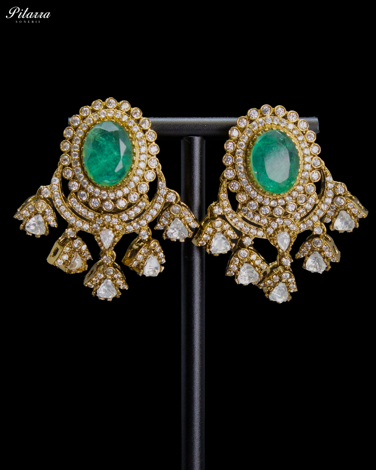 Emerald Green Clear Kundan-Style Chandbali Earrings