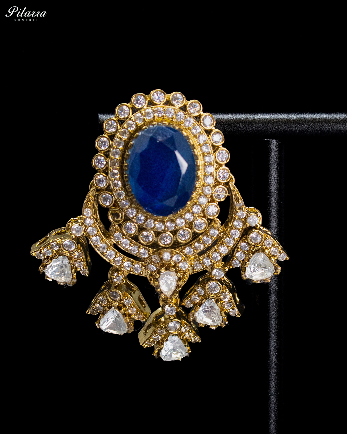Royal Blue and Clear Kundan-Style Chandbali Statement Earrings
