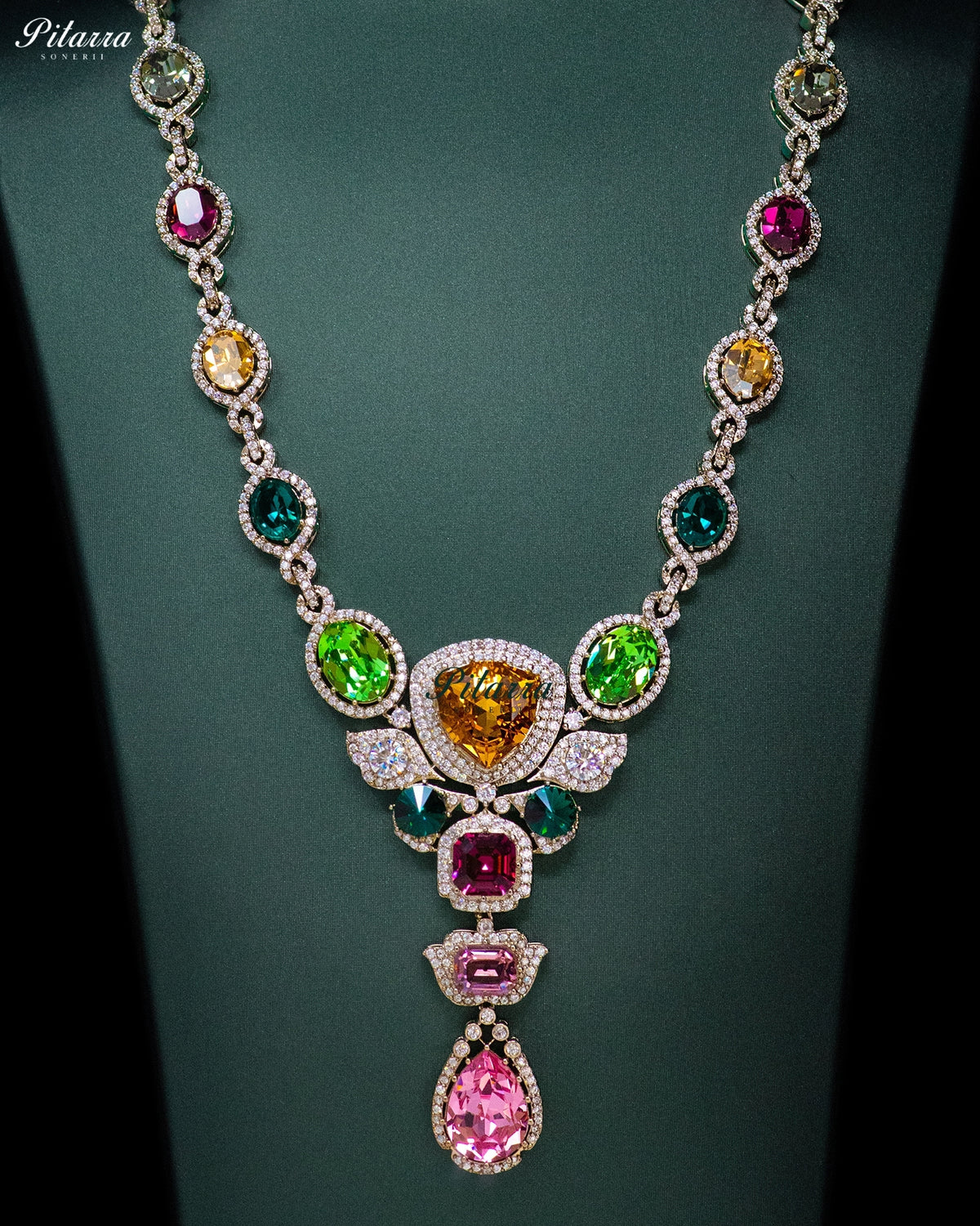 Pink Multicolor Crystal Pendant Necklace Set
