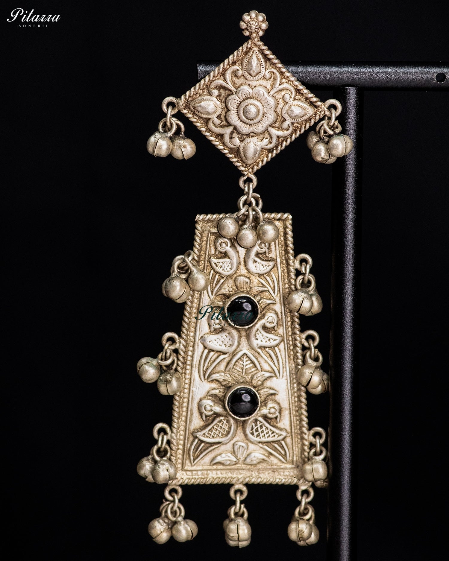 Black Stone Silver Look-Alike Floral Heritage Statement Earrings