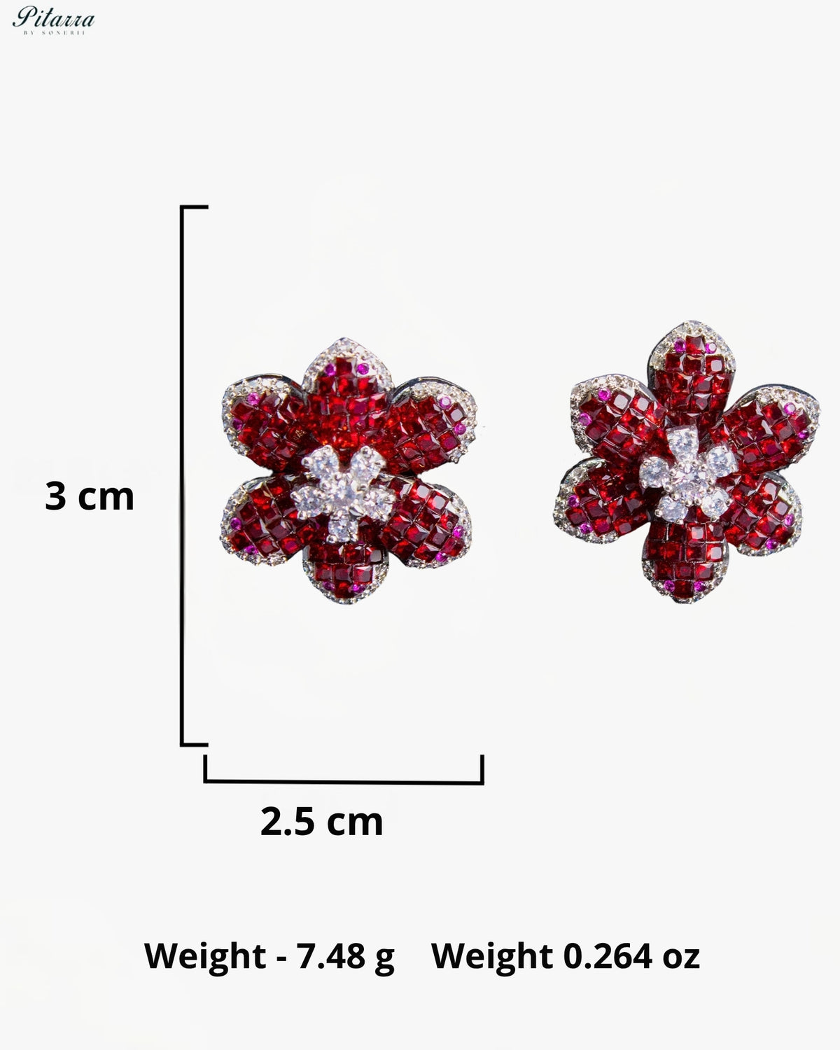 Ruby Red Crystal Flower Stud Earrings