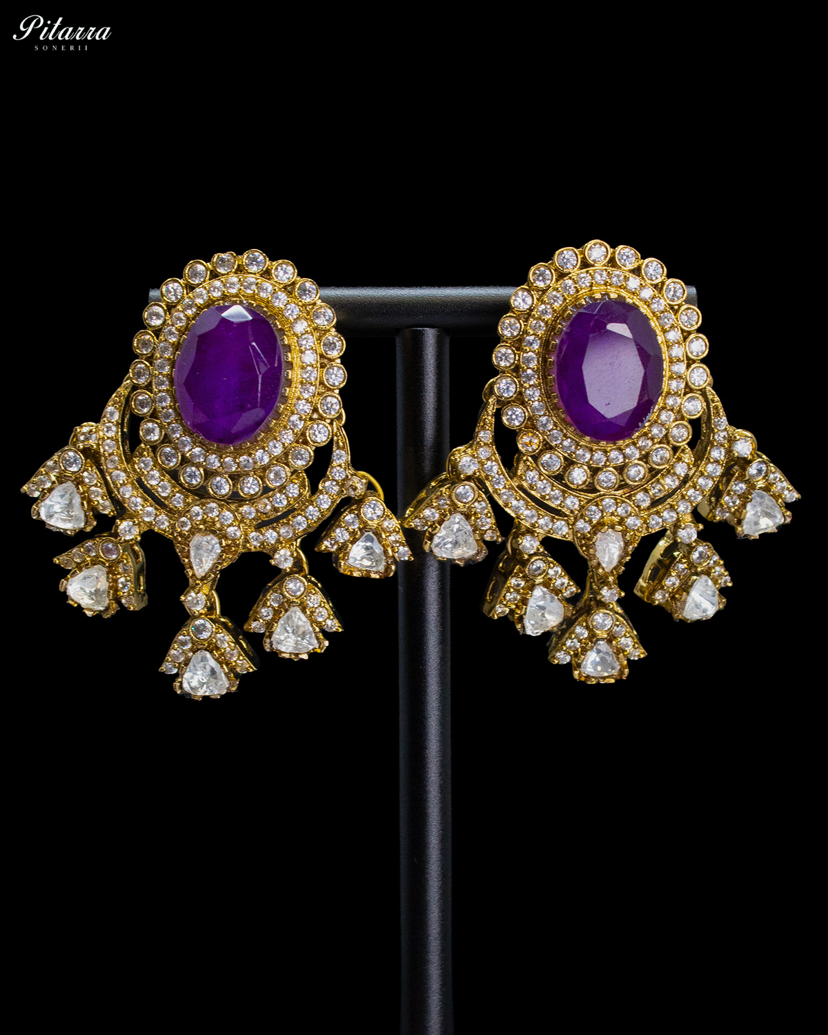 Deep Purple Clear Kundan-Style Chandbali Earrings