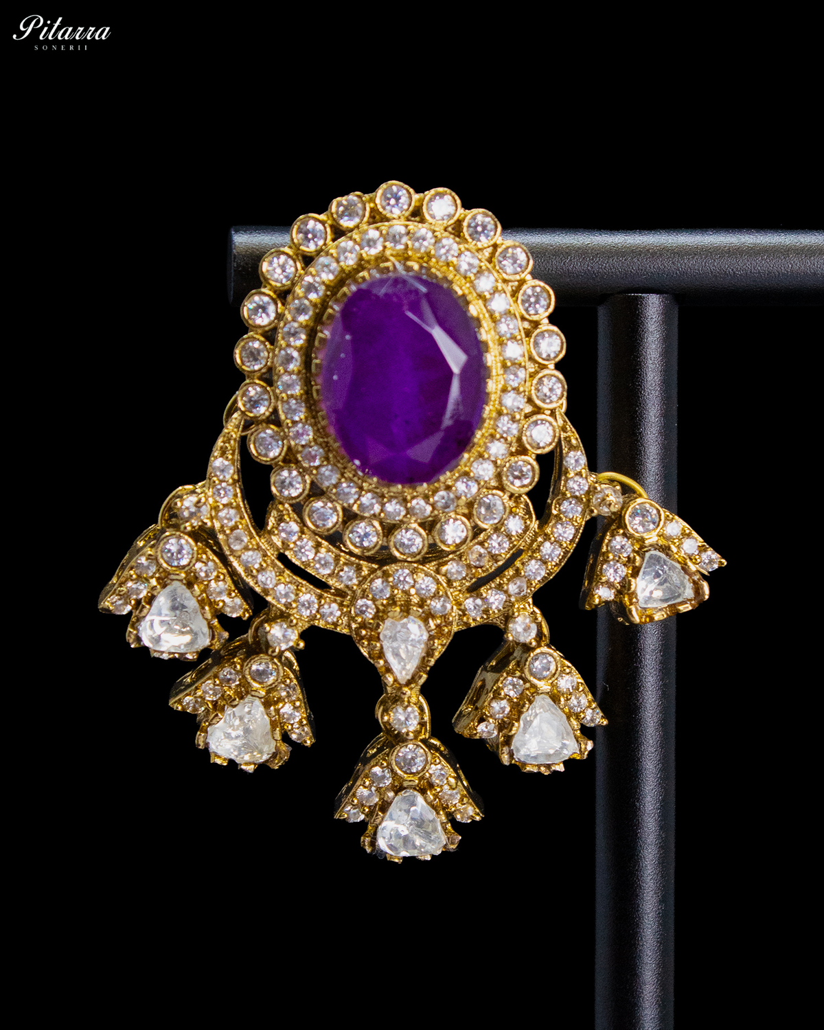 Deep Purple Clear Kundan-Style Chandbali Earrings