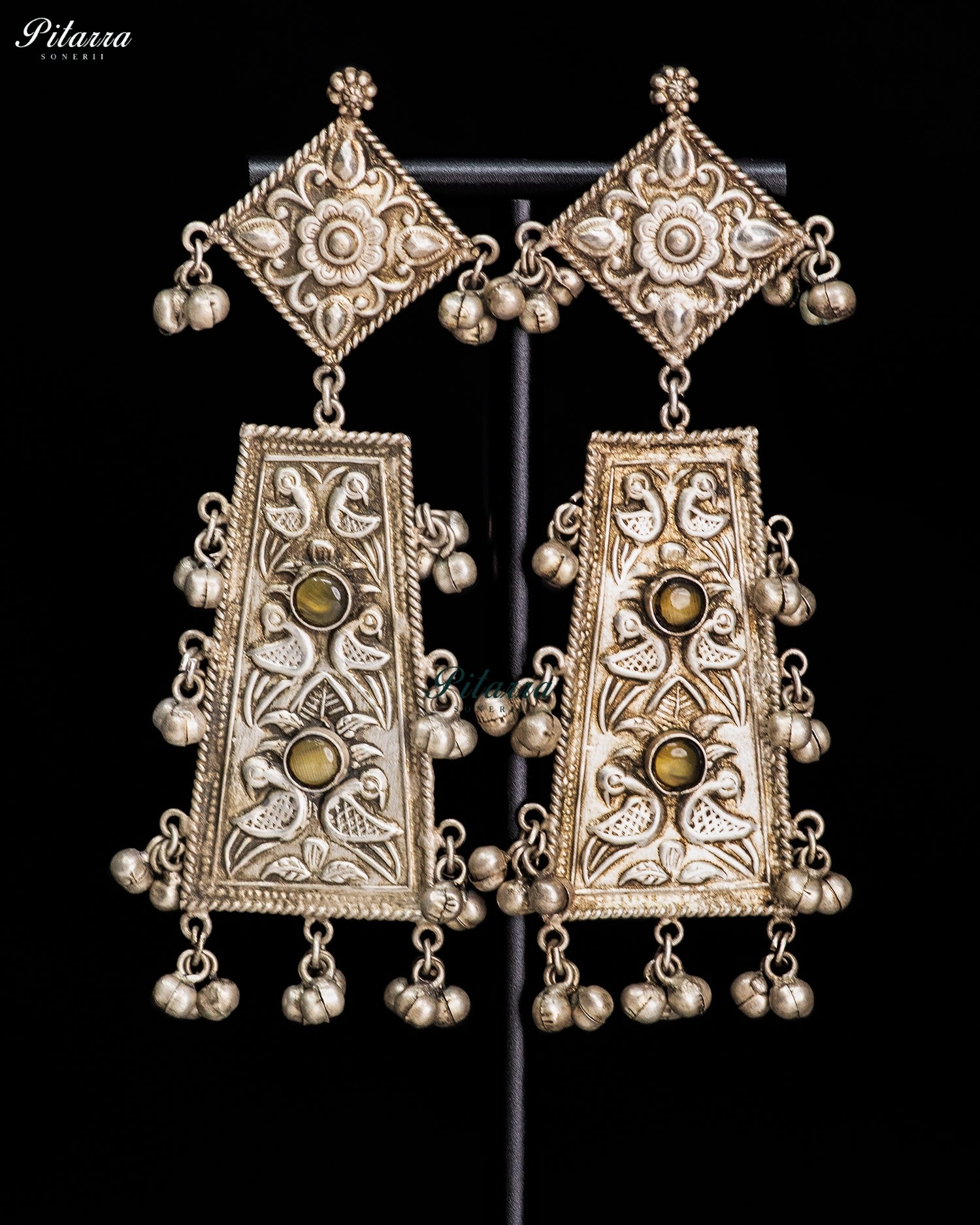 Mustard Stone Silver Look-Alike Floral Heritage Statement Earrings