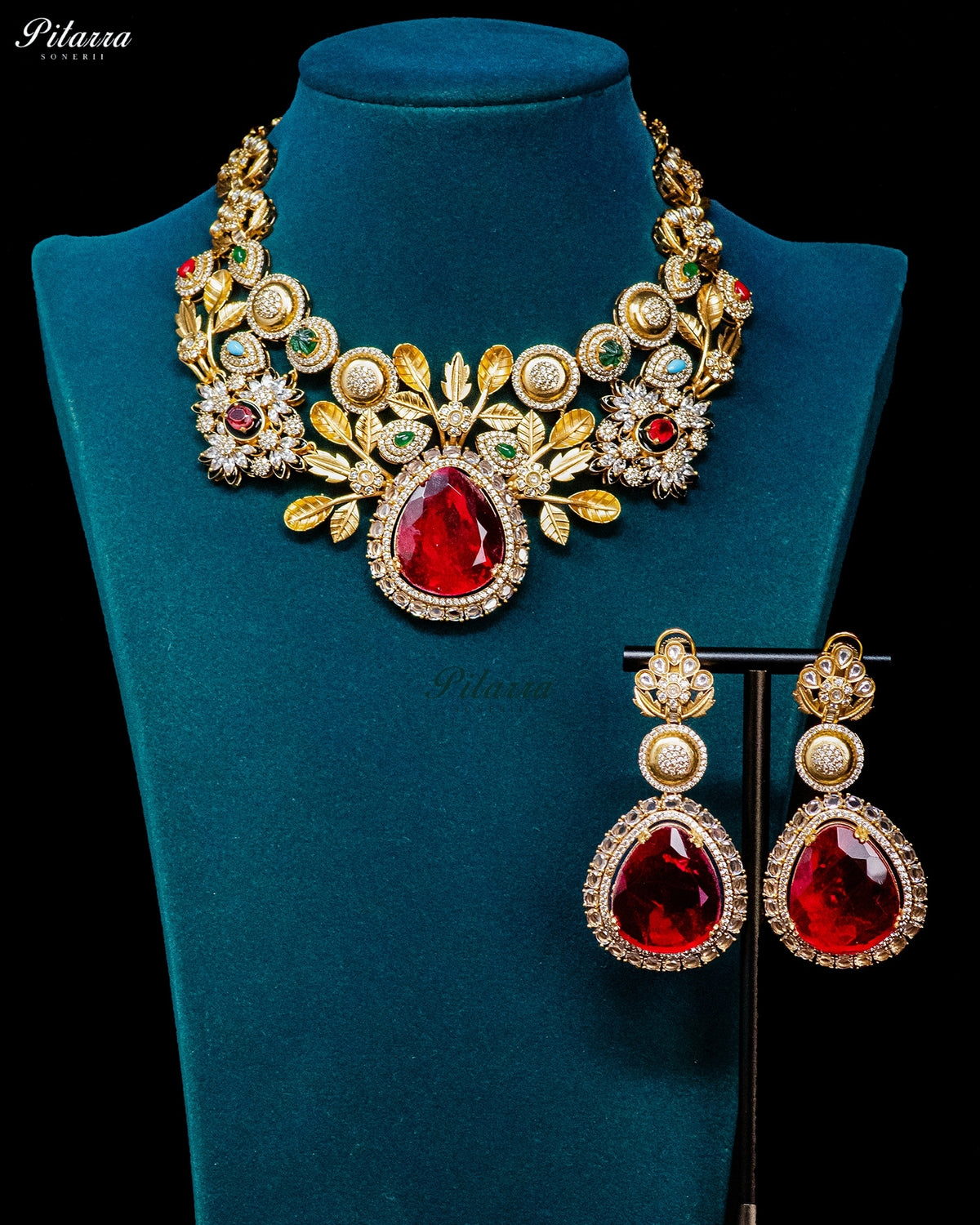 Red Teardrop Floral Kundan Necklace Set