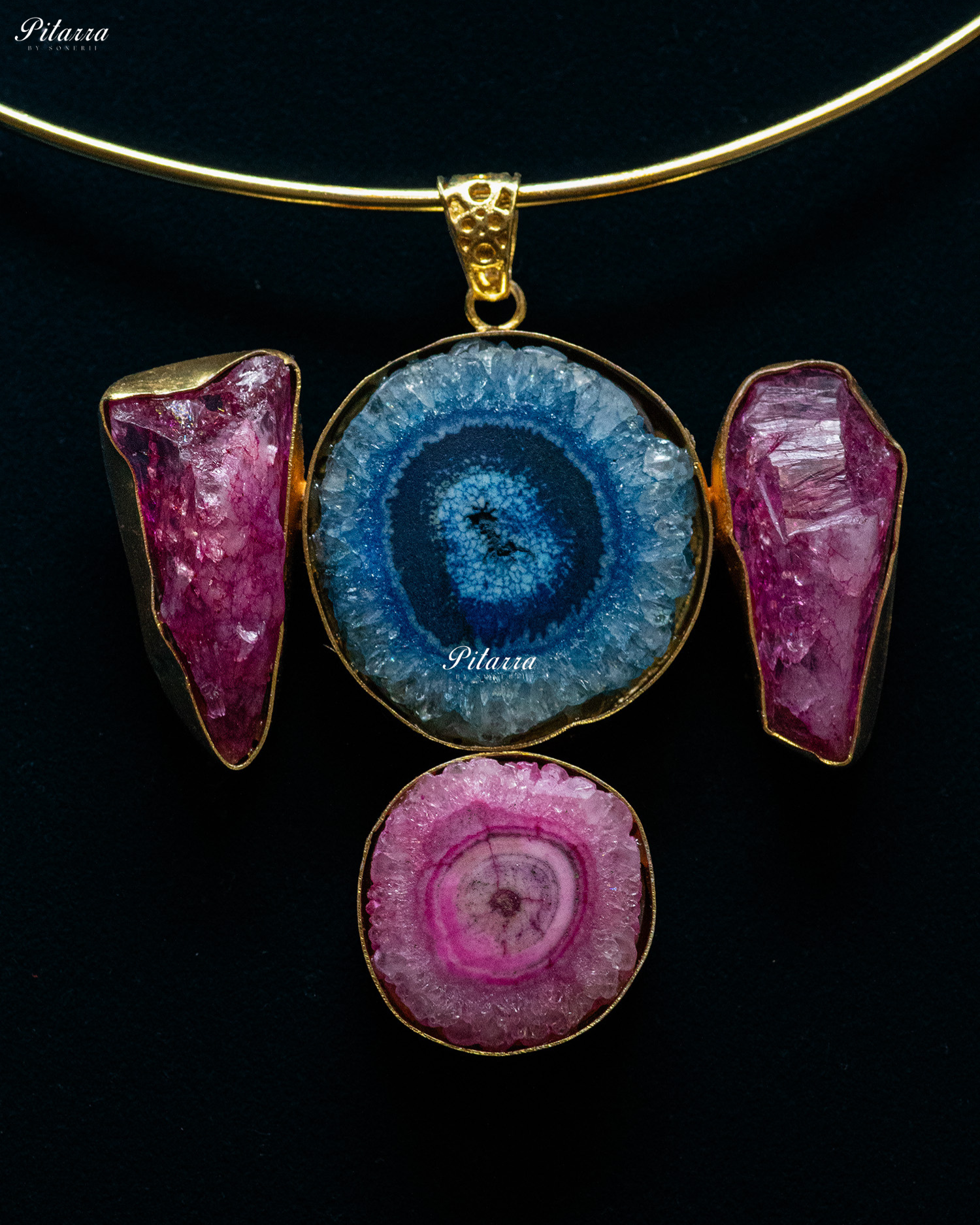 Gold Plated Blue Triple Raw Stone Collar Pendant Set