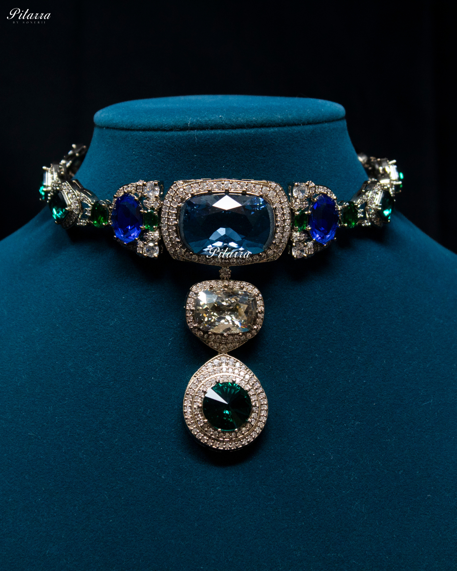 Sapphire Blue and Emerald Three Stone Crystal Choker Set
