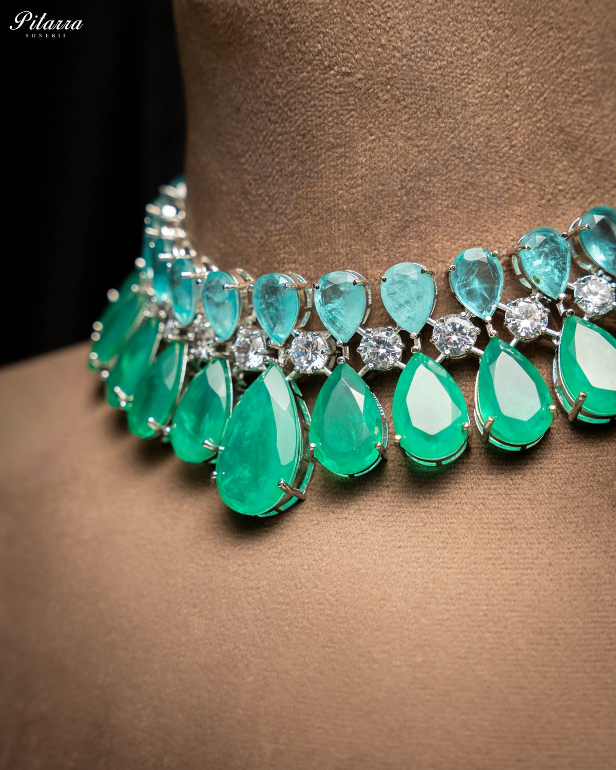 Aqua Green & Light Aqua Blue Crystal Statement Choker Necklace Set
