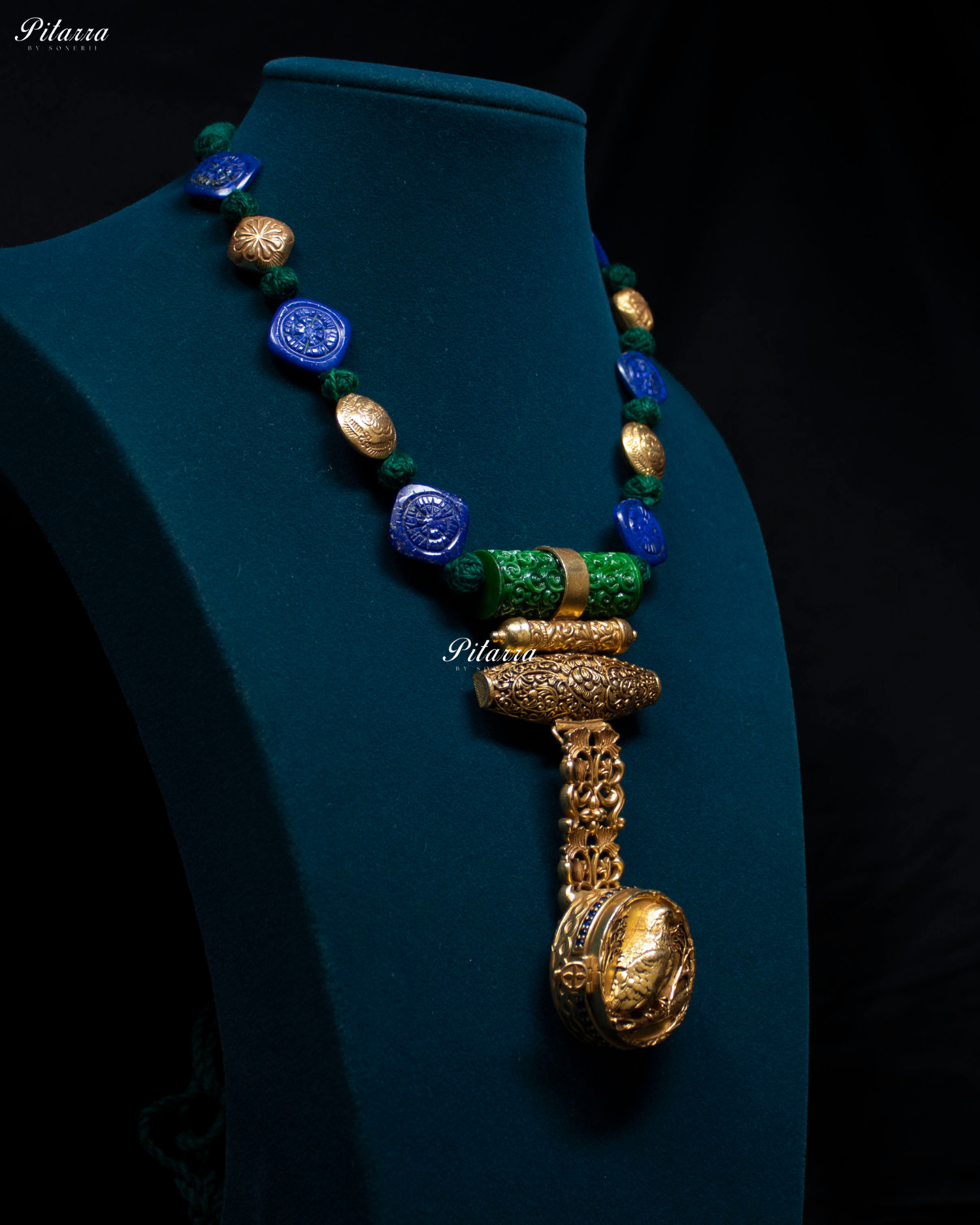 Gold and Green Beaded Detail 92.5 Sliver Necklace