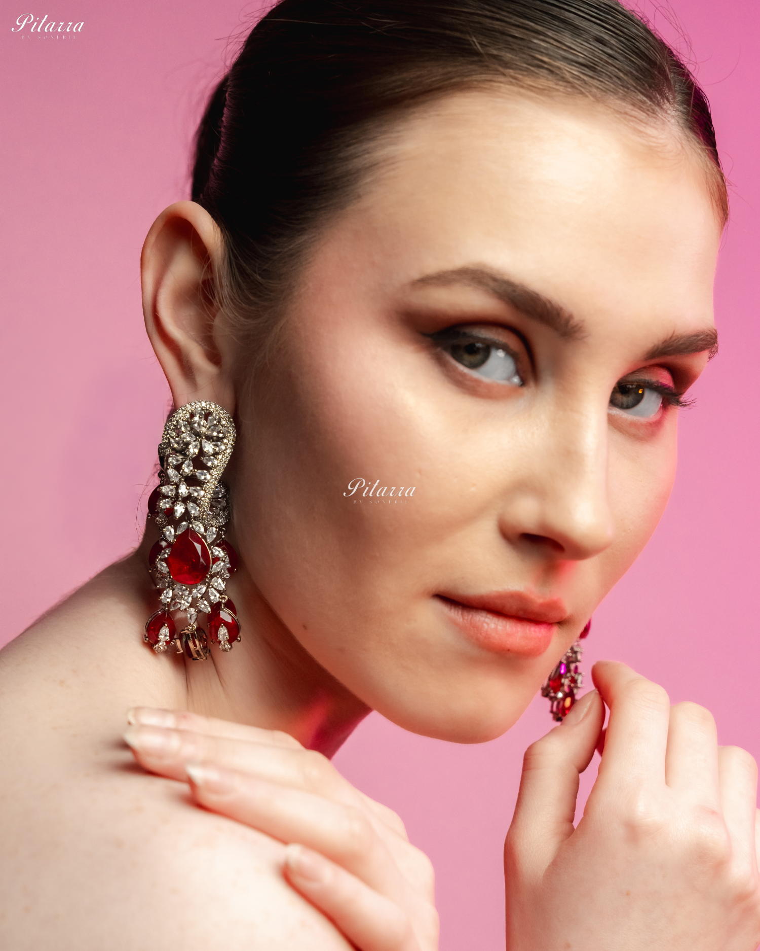 Red Silver Polish CZ Crystal Dangler Earrings