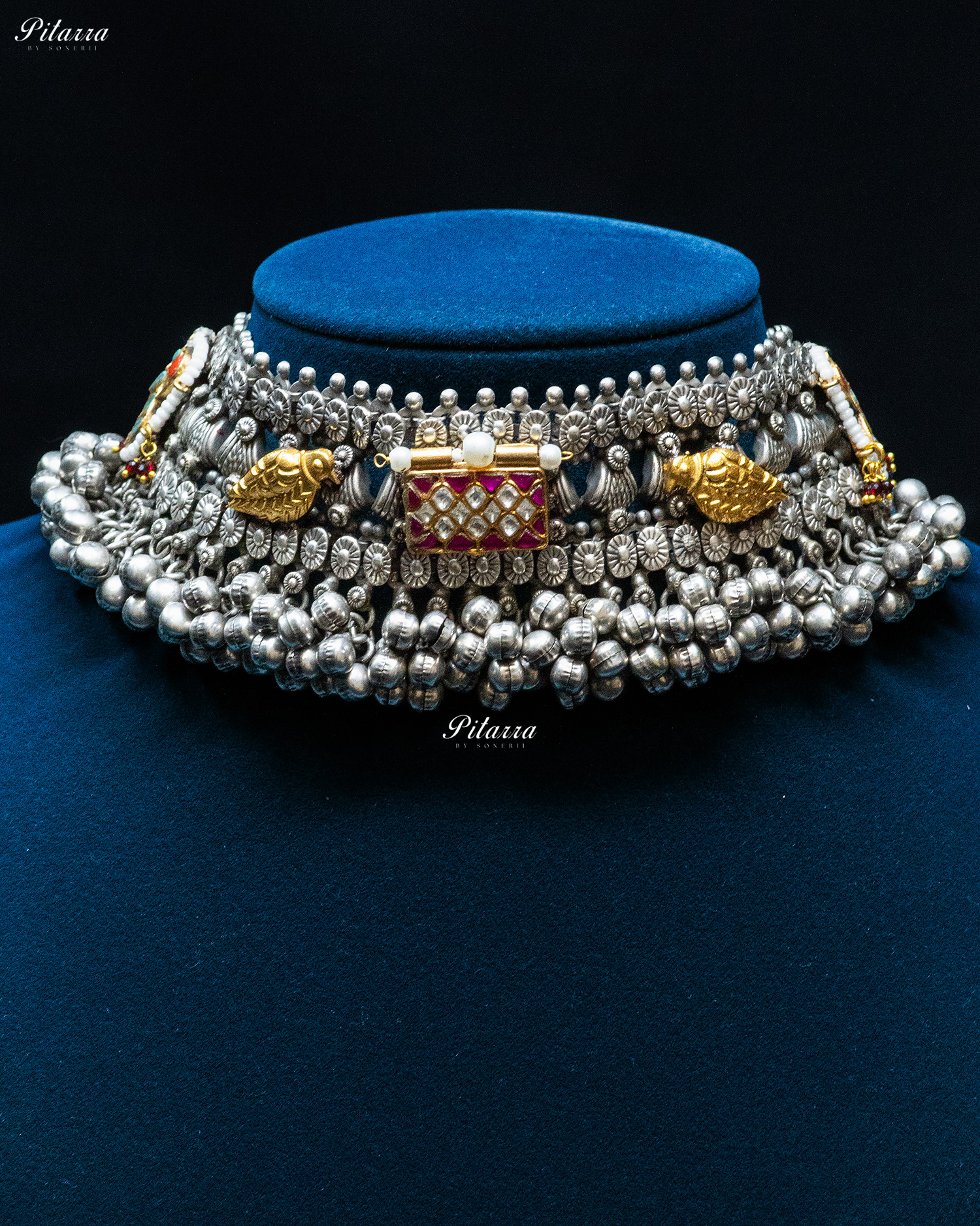 Golden Bird Pink Box Ghunghroo Silver Look Alike Choker Set