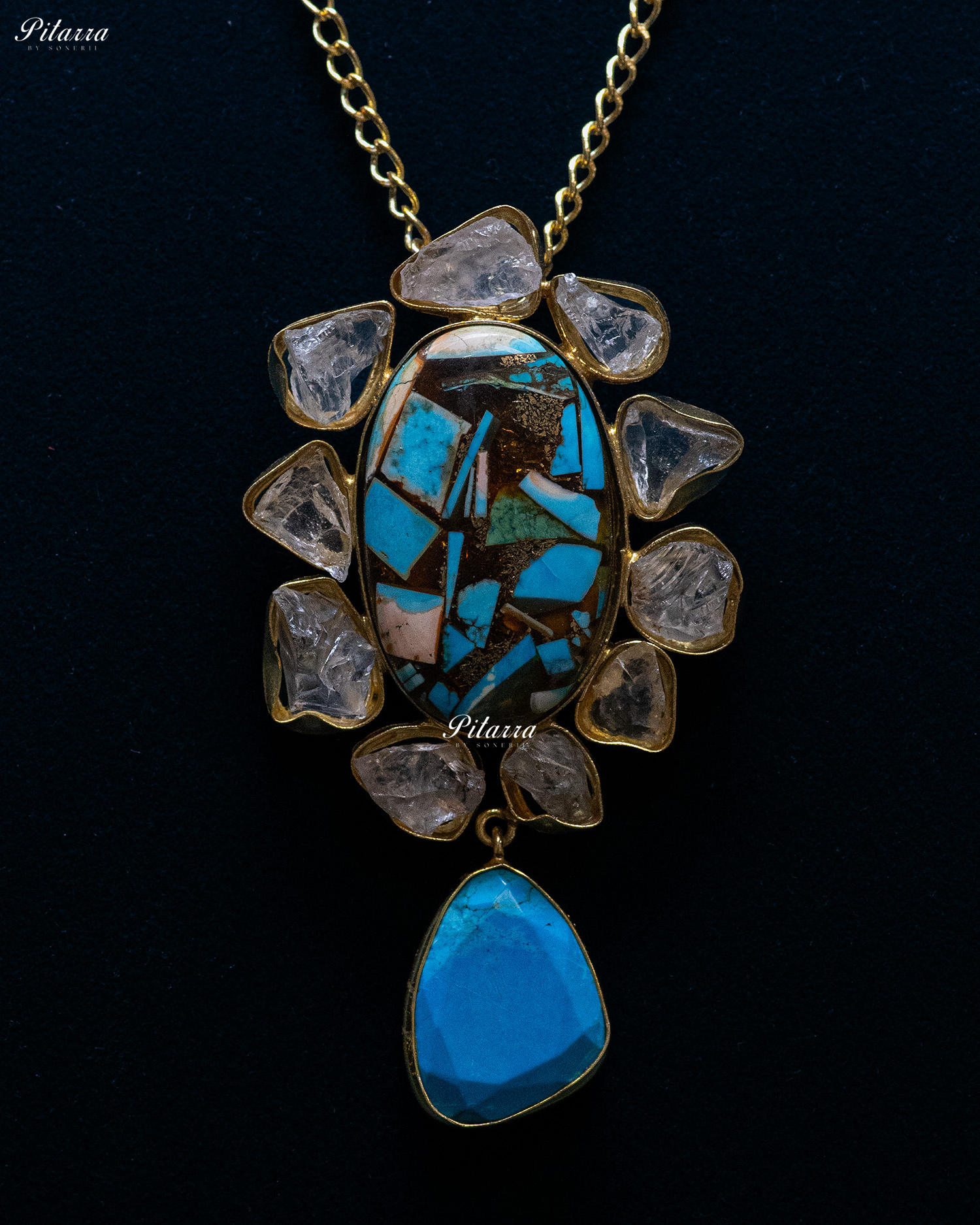Turquoise Raw Stone White Crystals Pendant Necklace