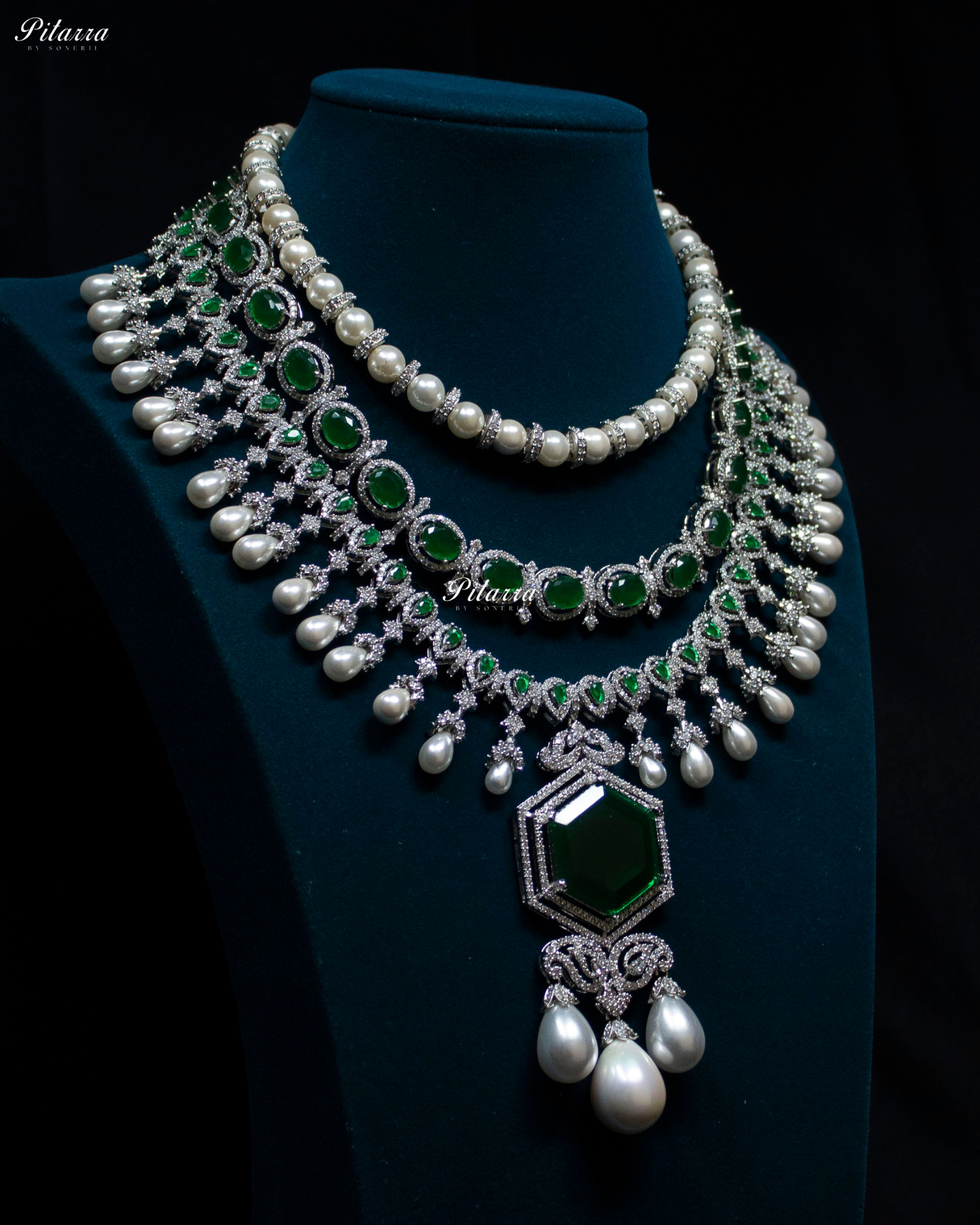 Emerald Stone Multi Layered Pearl Long Necklace Set