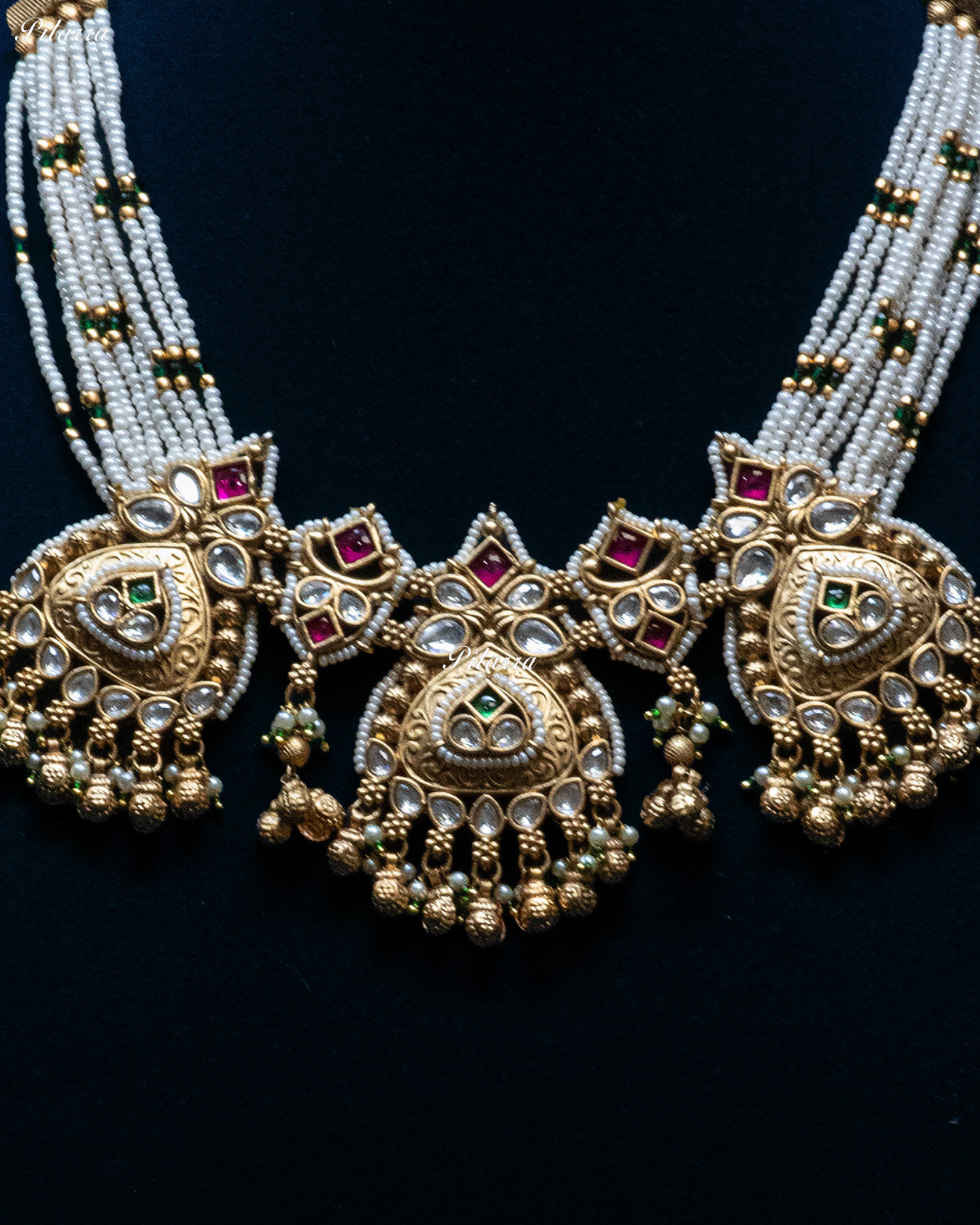 Pink Stone Gold Finish White Pearl Kundan Necklace Set