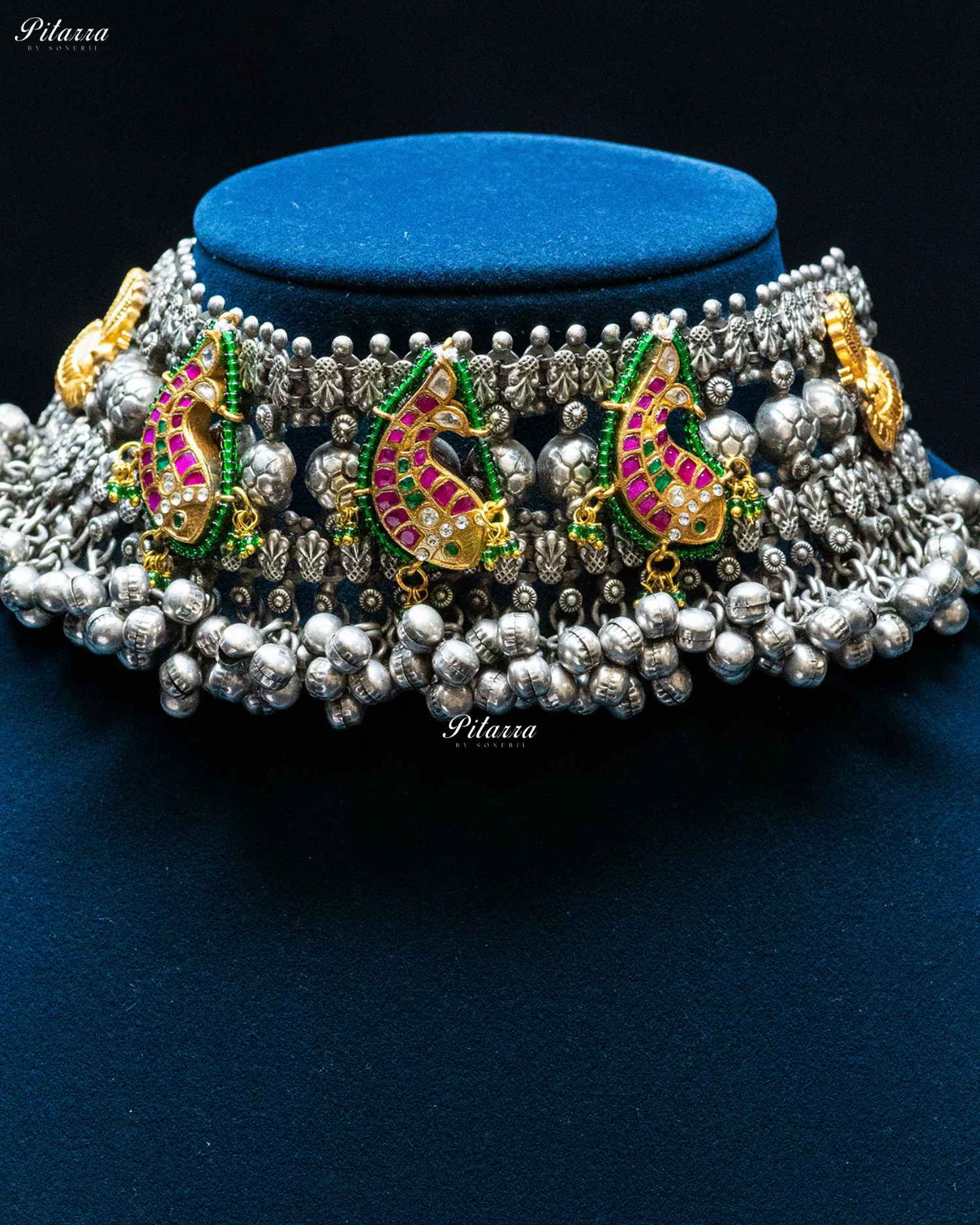 Golden Green Fish Ghunghroo Silver Look Alike Choker Set