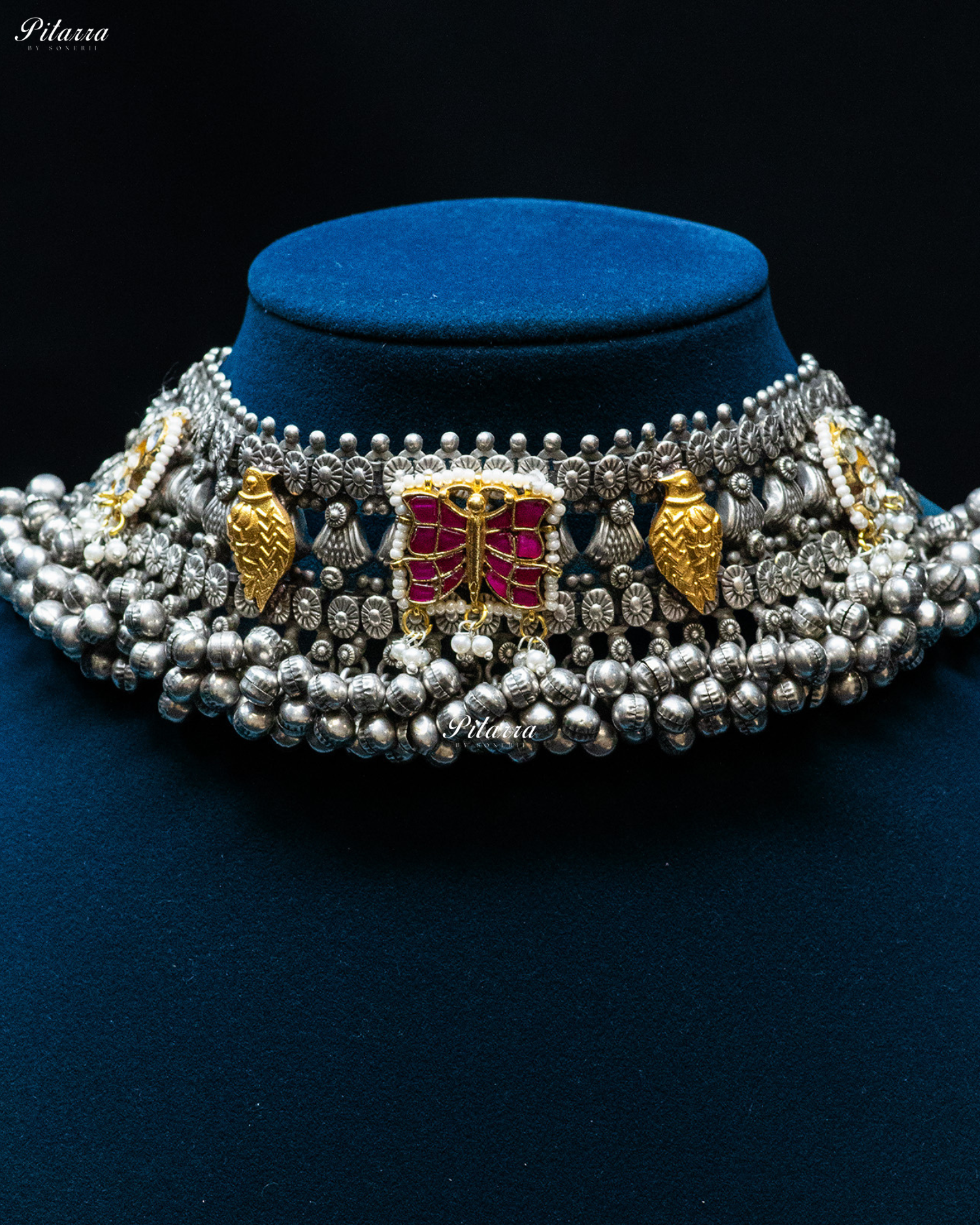 Pink Butterfly Antique Ghunghroo Silver Look Alike Choker Set