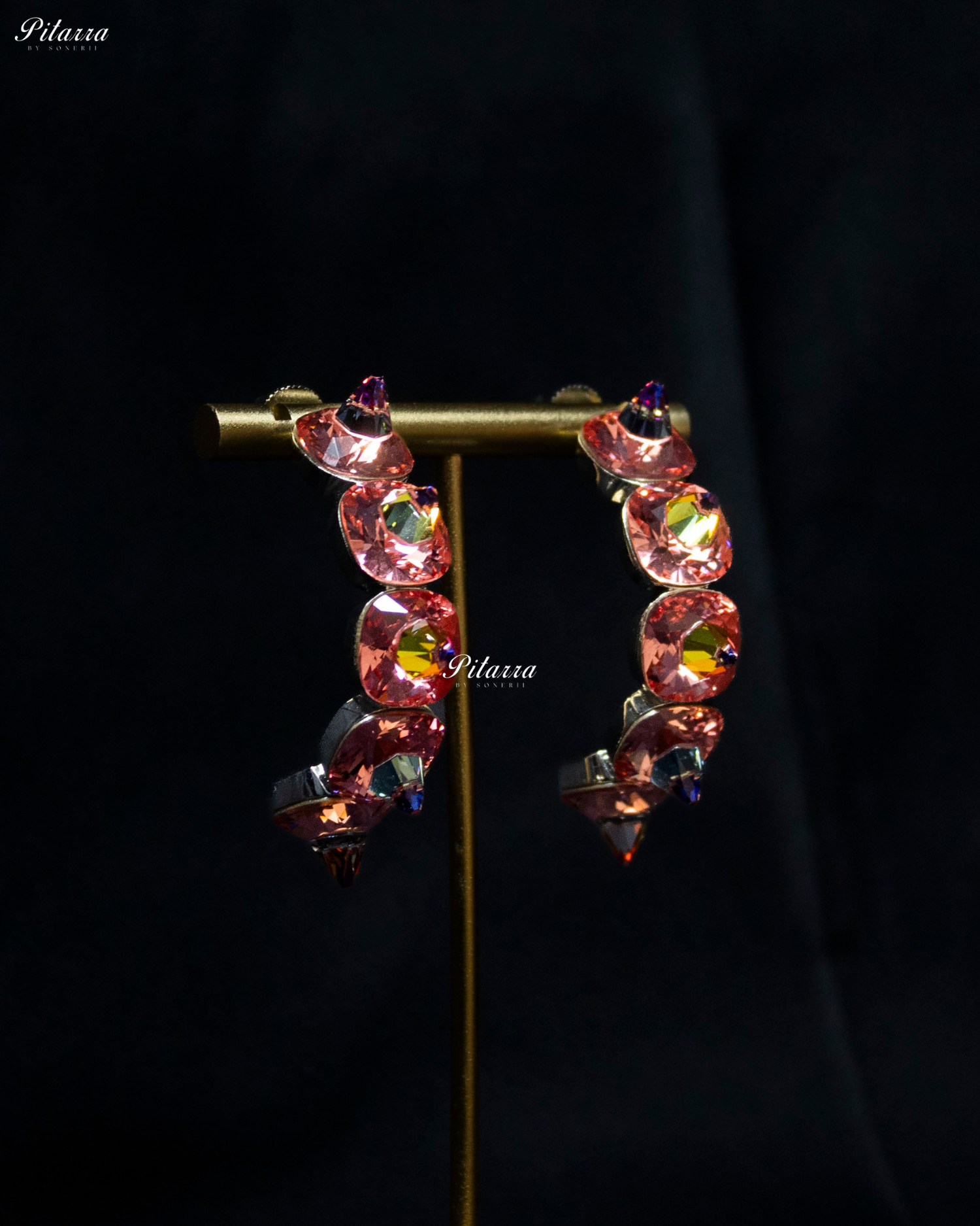 Peach Pink Stone Pyramid Cut Crystal Hoop Earrings