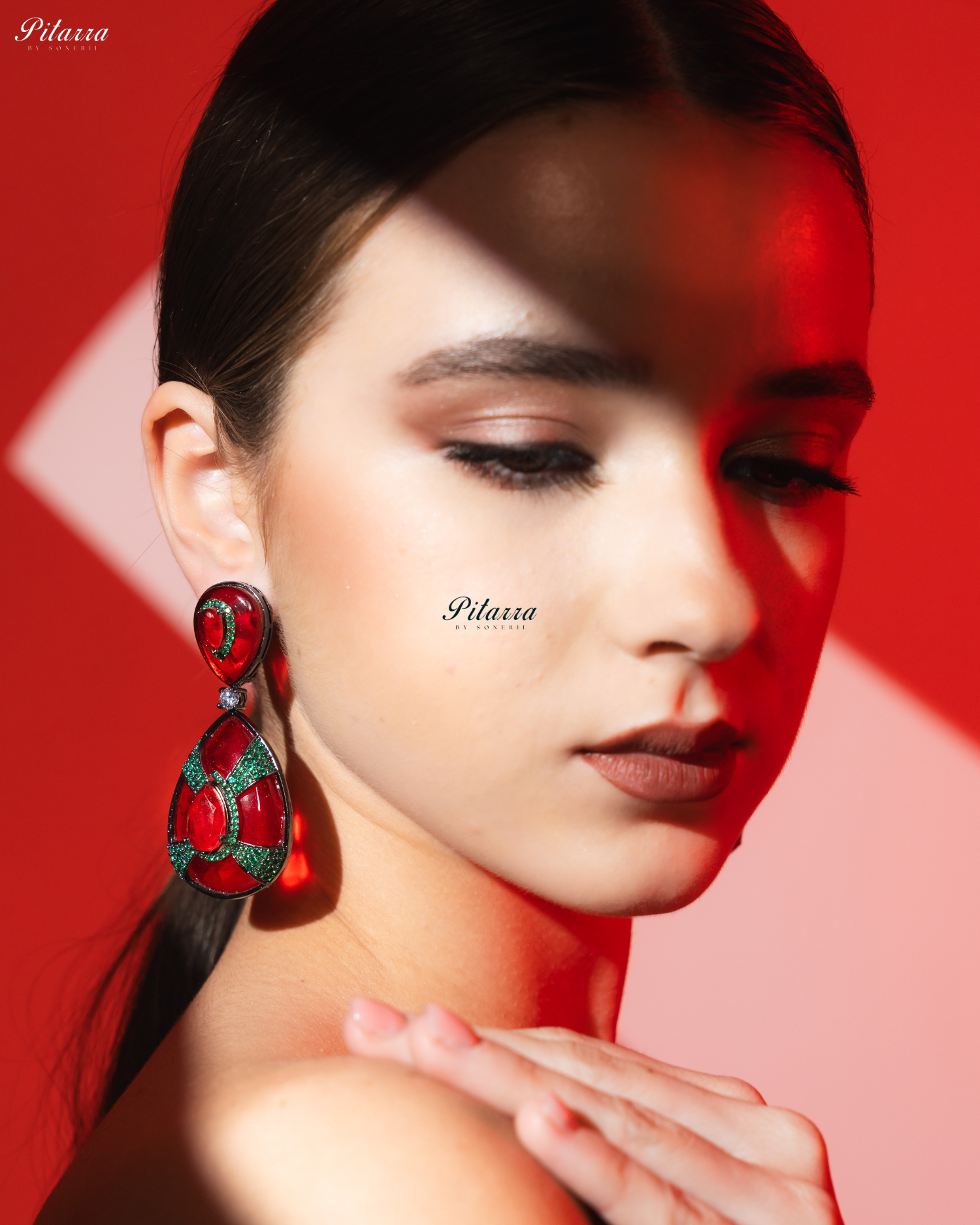 Red Stone Red Drop Emerald Line Crystal Dangler Earrings