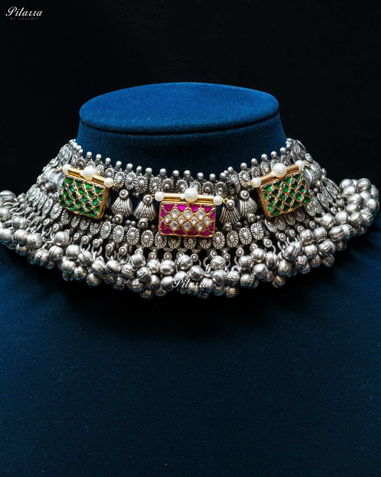 Green Pink Antique Box Ghunghroo Silver Look Alike Choker Set