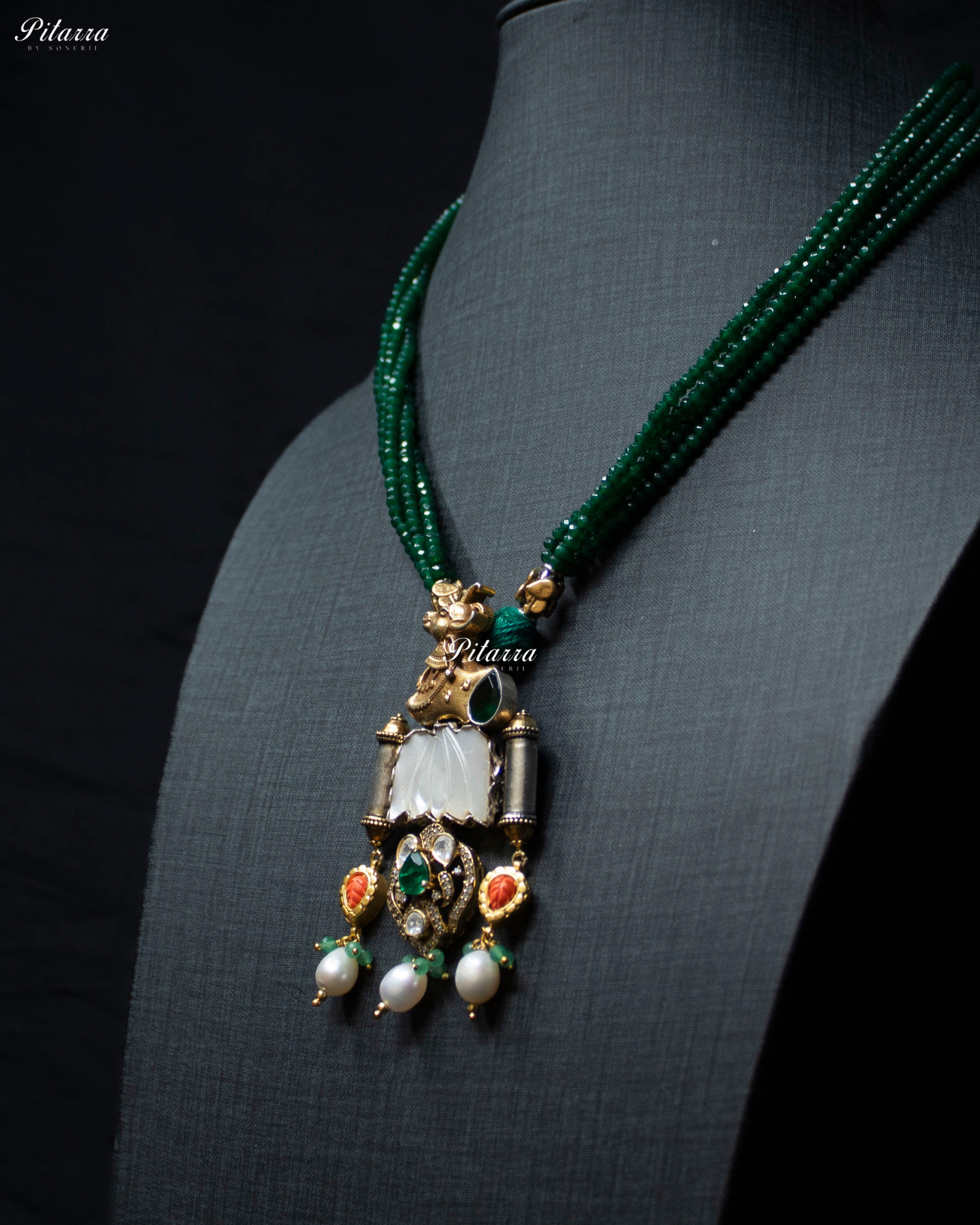 Cow Motifs Dark Green Beads 92.5 Silver Necklace