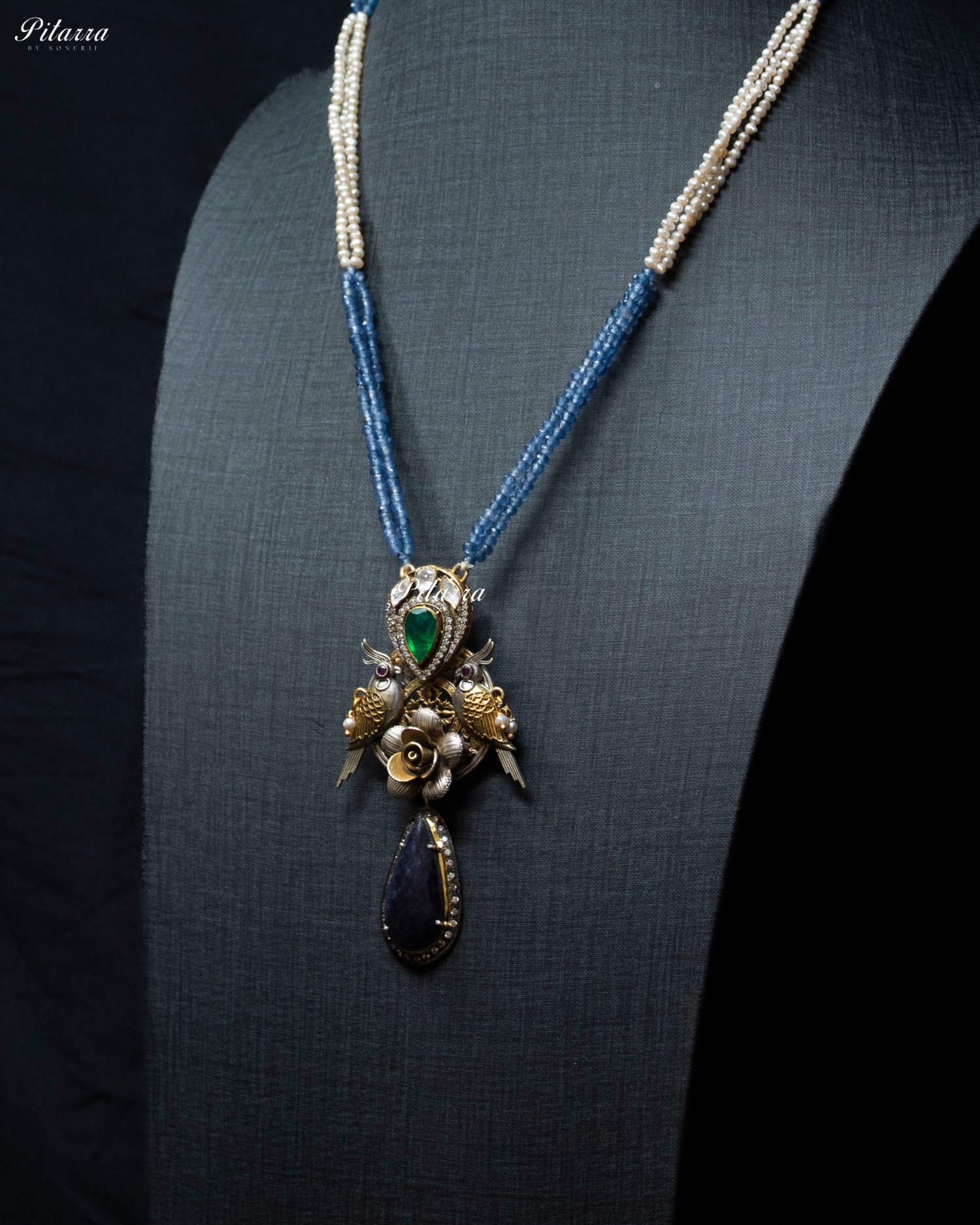 Silver Bird Motifs Blue Beads 92.5 Silver Necklace