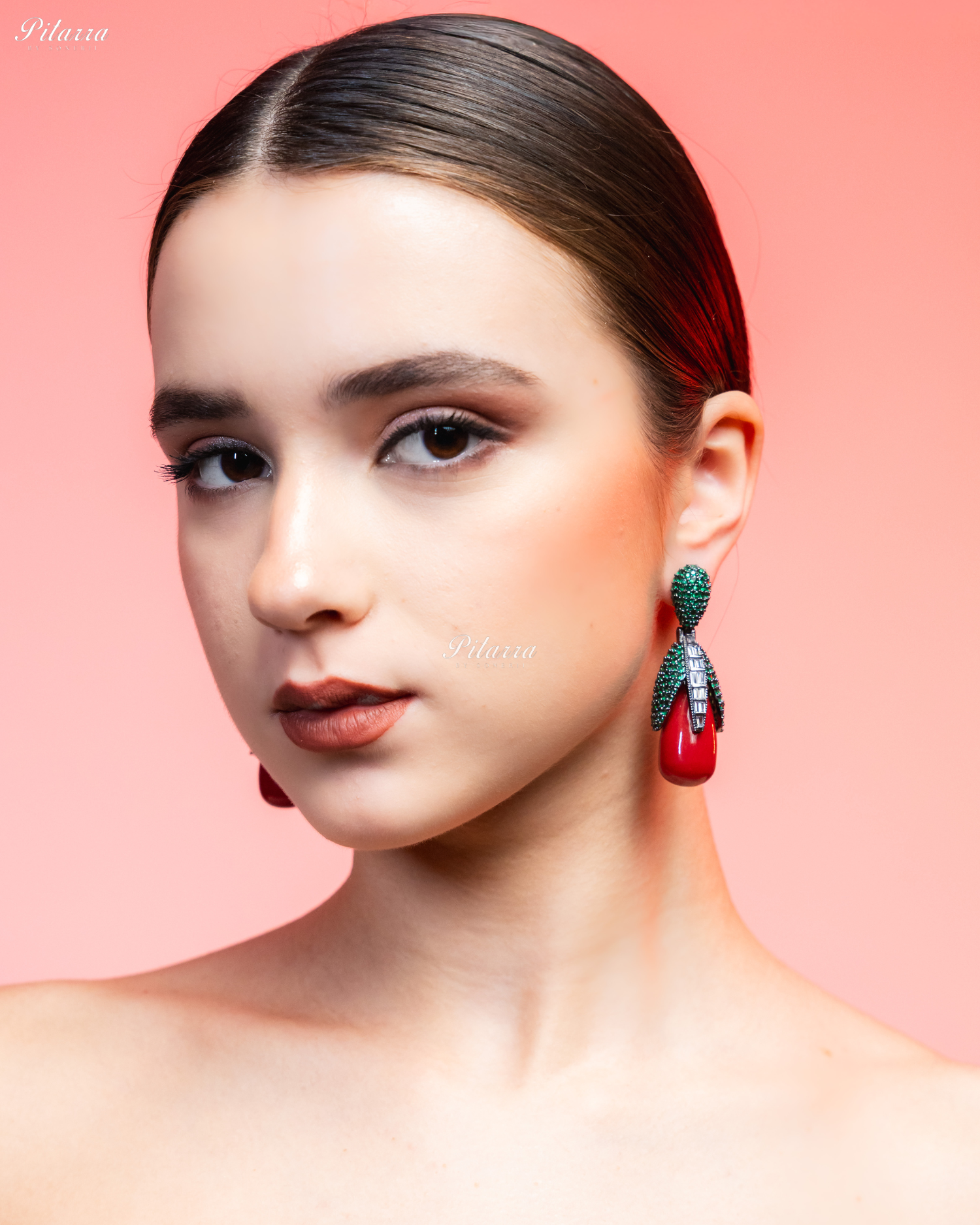 Emerald Leaf Red Teardrop CZ Crystal Earrings
