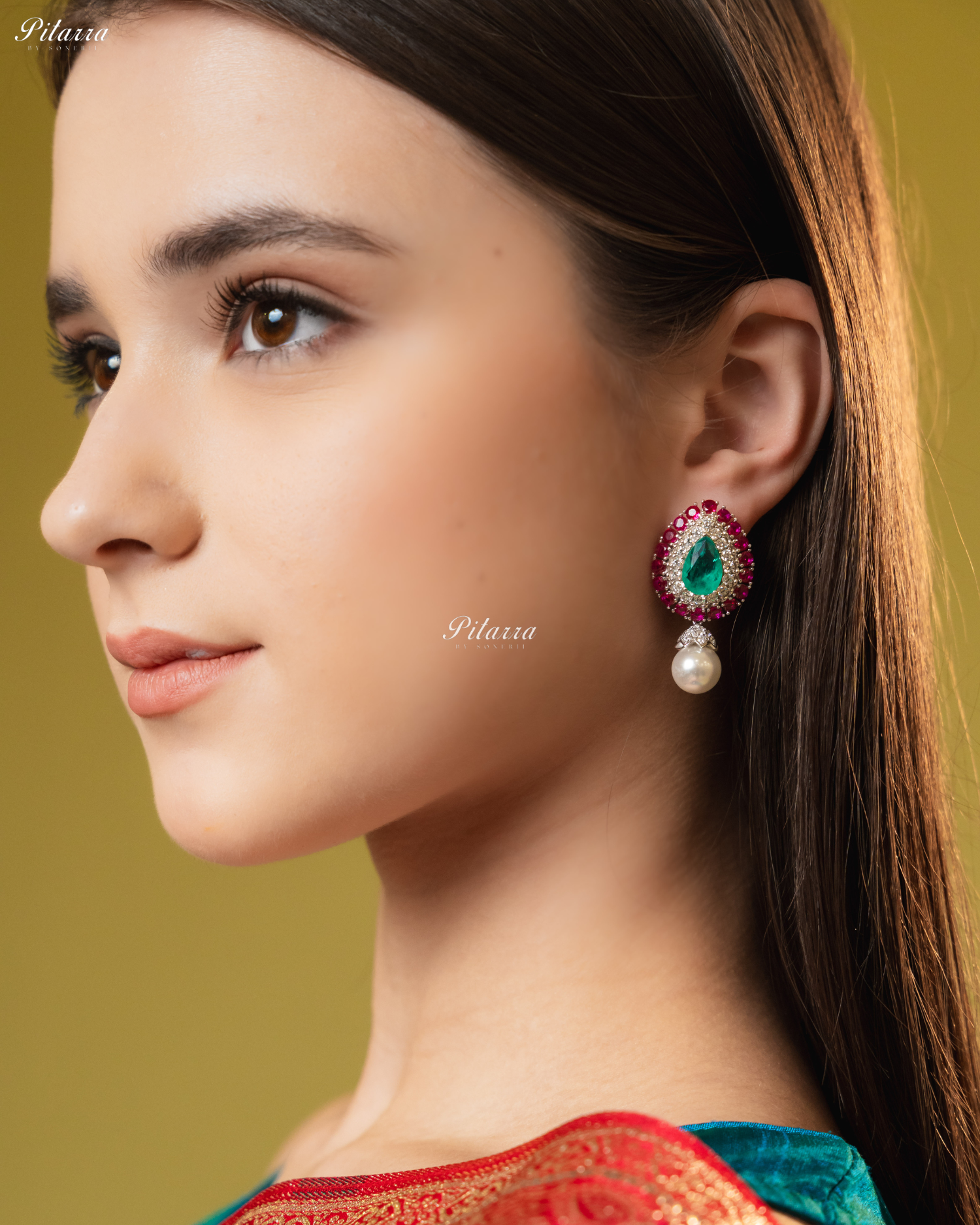 Emerald Stone Pink Line 92.5 Silver Drop Earrings