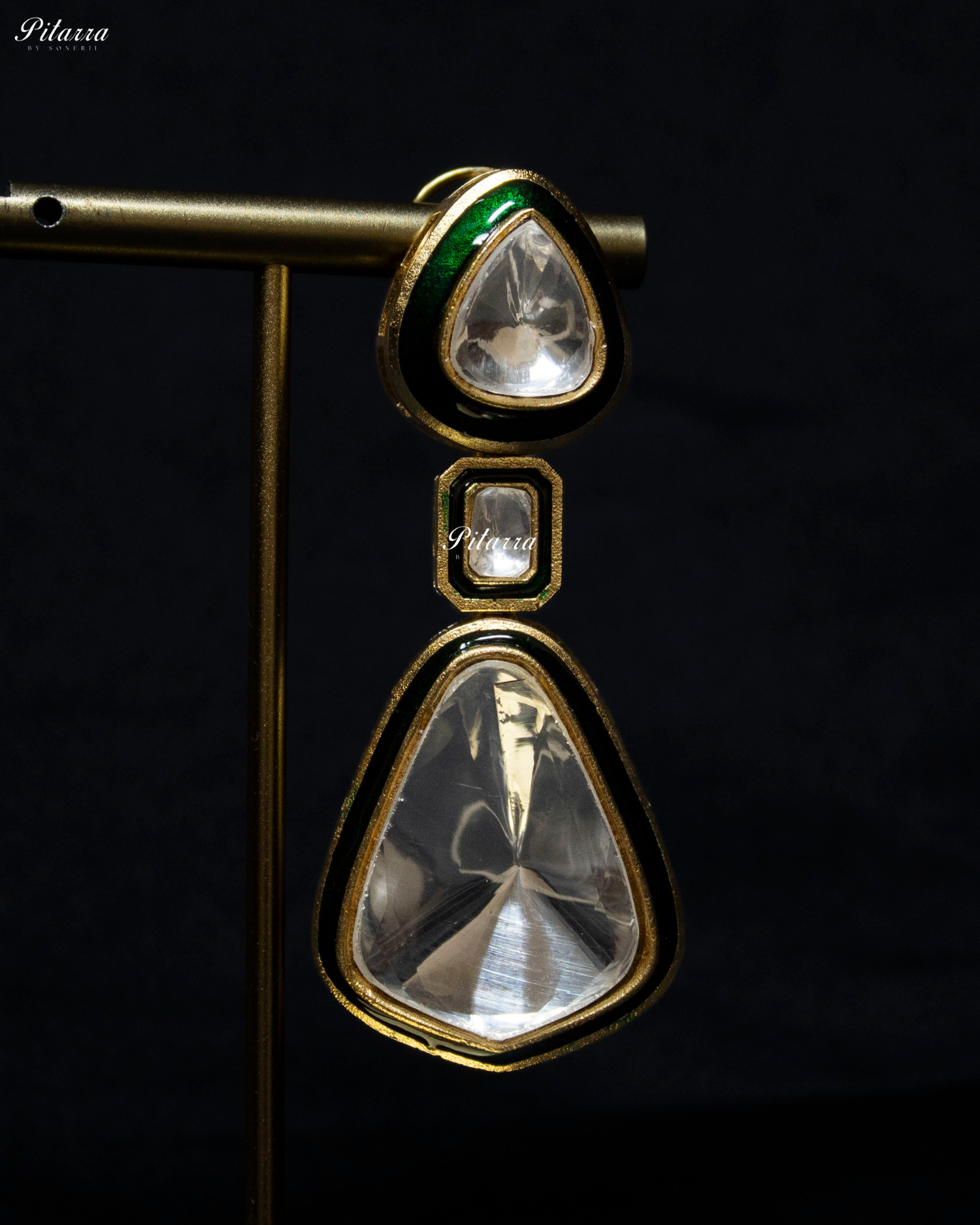 Gold Plated Dark Emerald Kundan Meenakar Drop Earrings