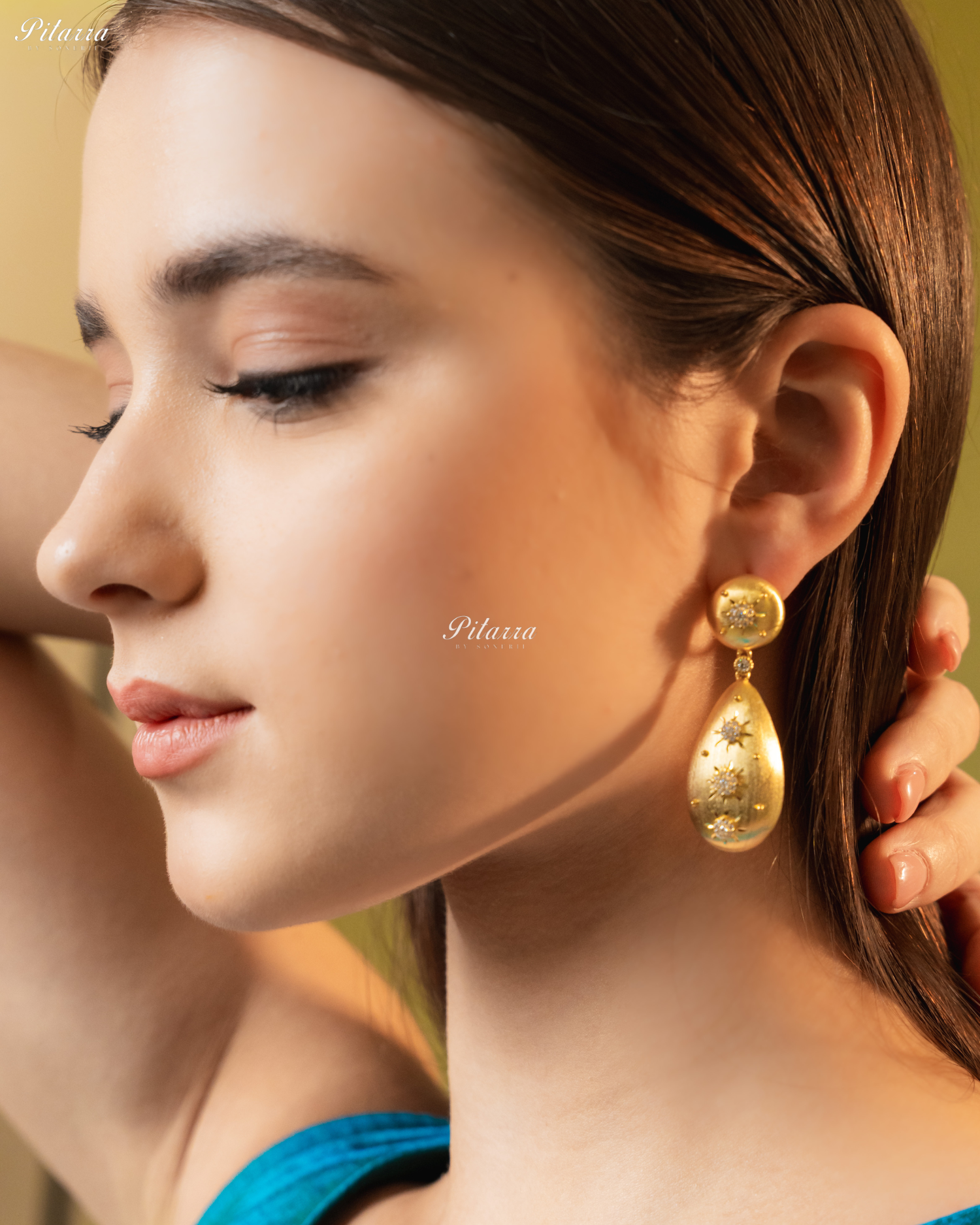 Star Motifs Textured Golden 92.5 Silver Dangler Earrings