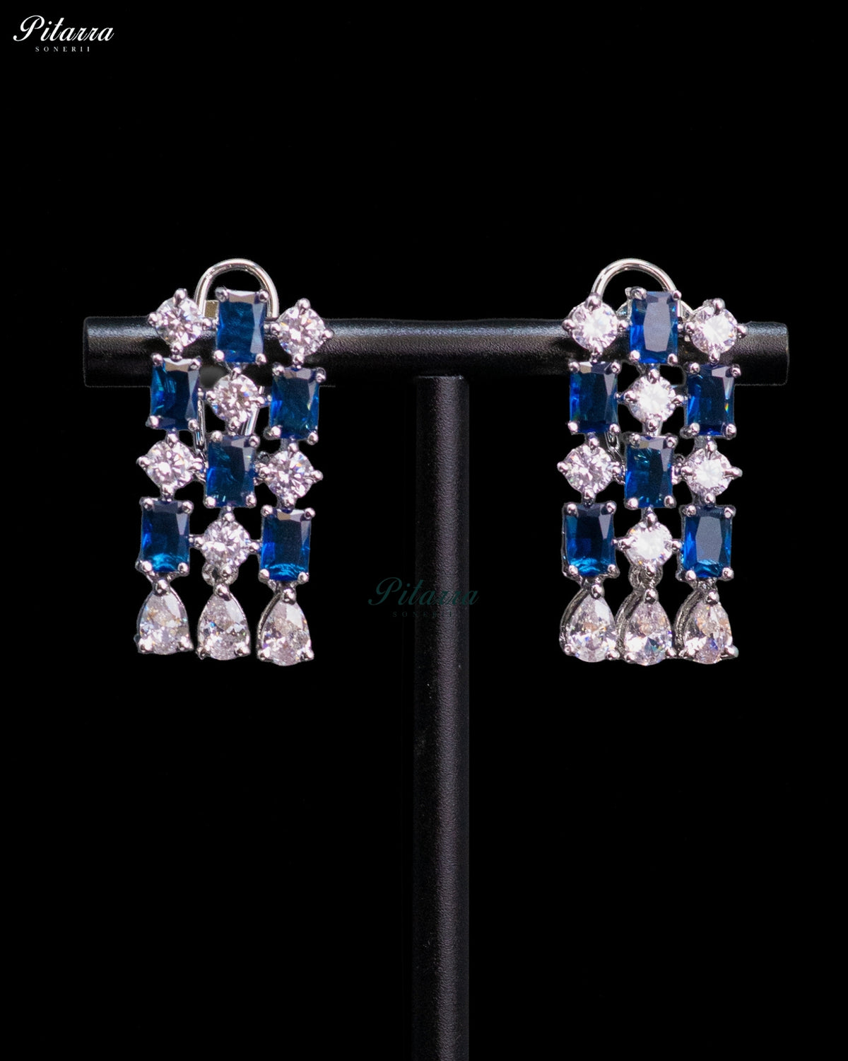 Royal Blue Emerald Cut Stone Zircon Silver Crystal Choker Necklace Set