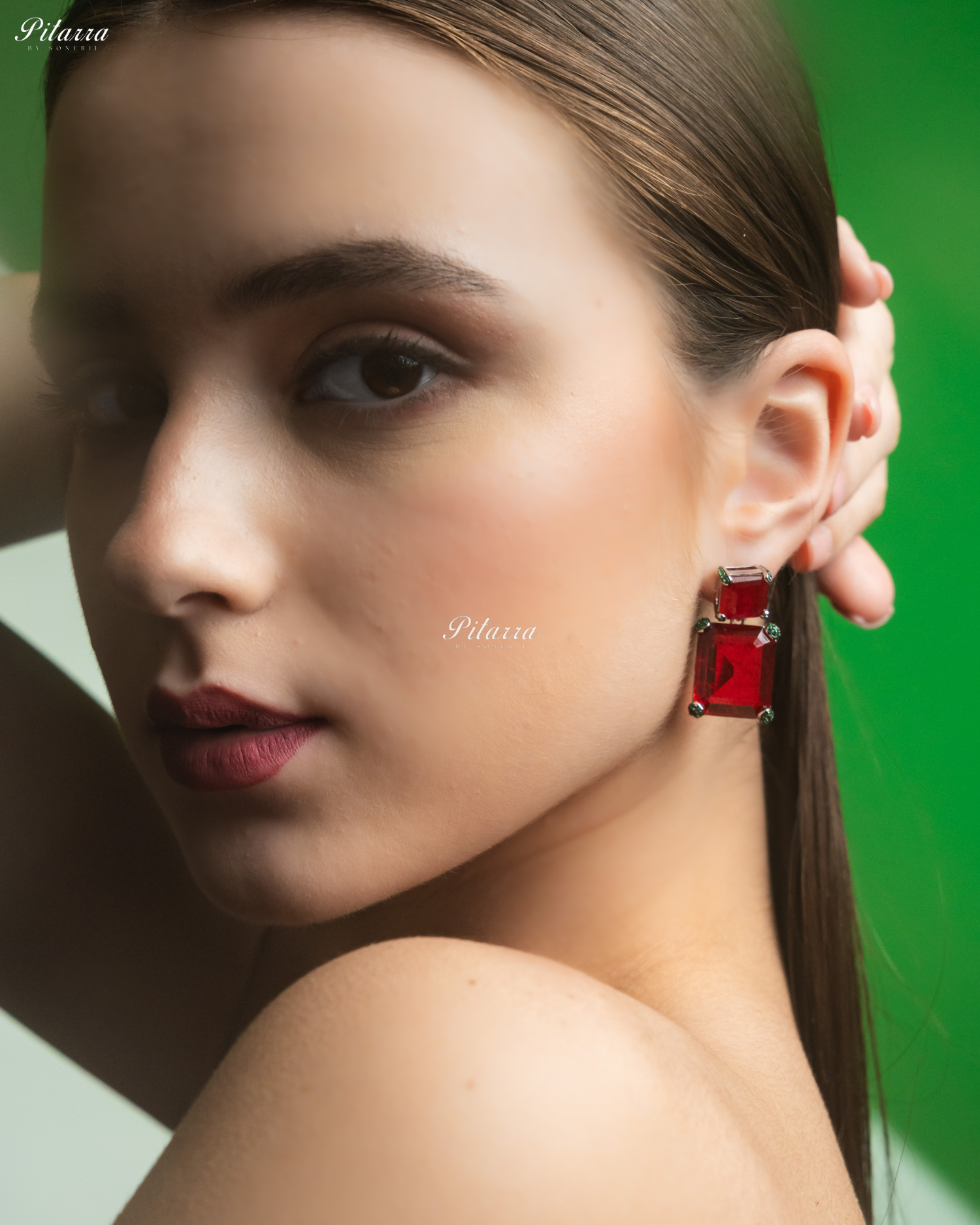 Ruby Red Stone Square 92.5 Silver Stud Earrings