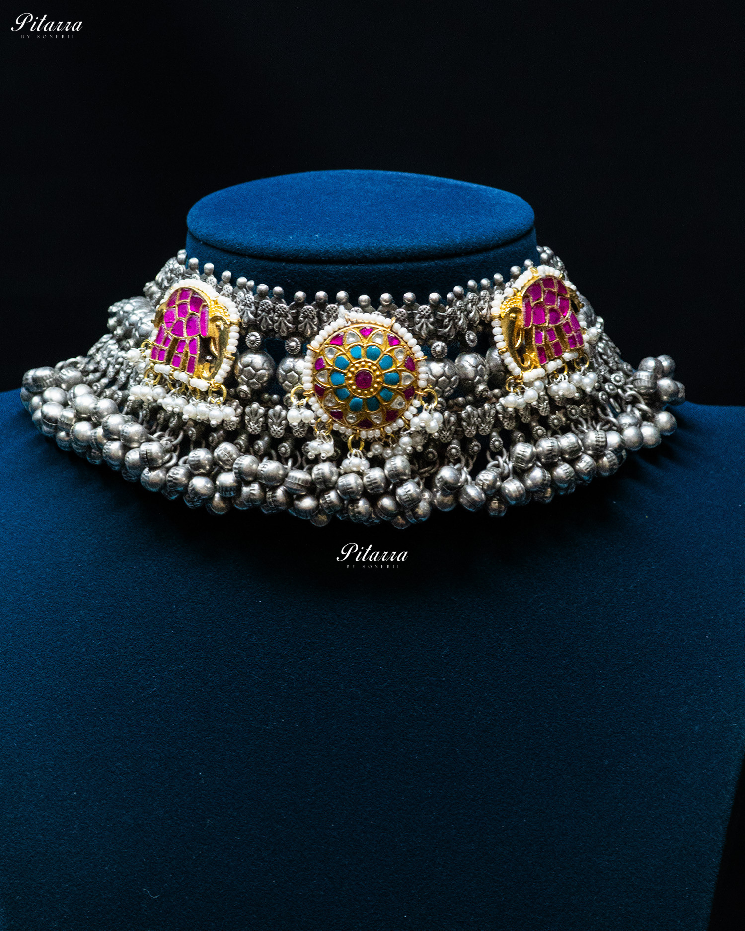 Turquoise Flora Pink Elephant Fish Ghunghroo Silver Look Alike Choker Set