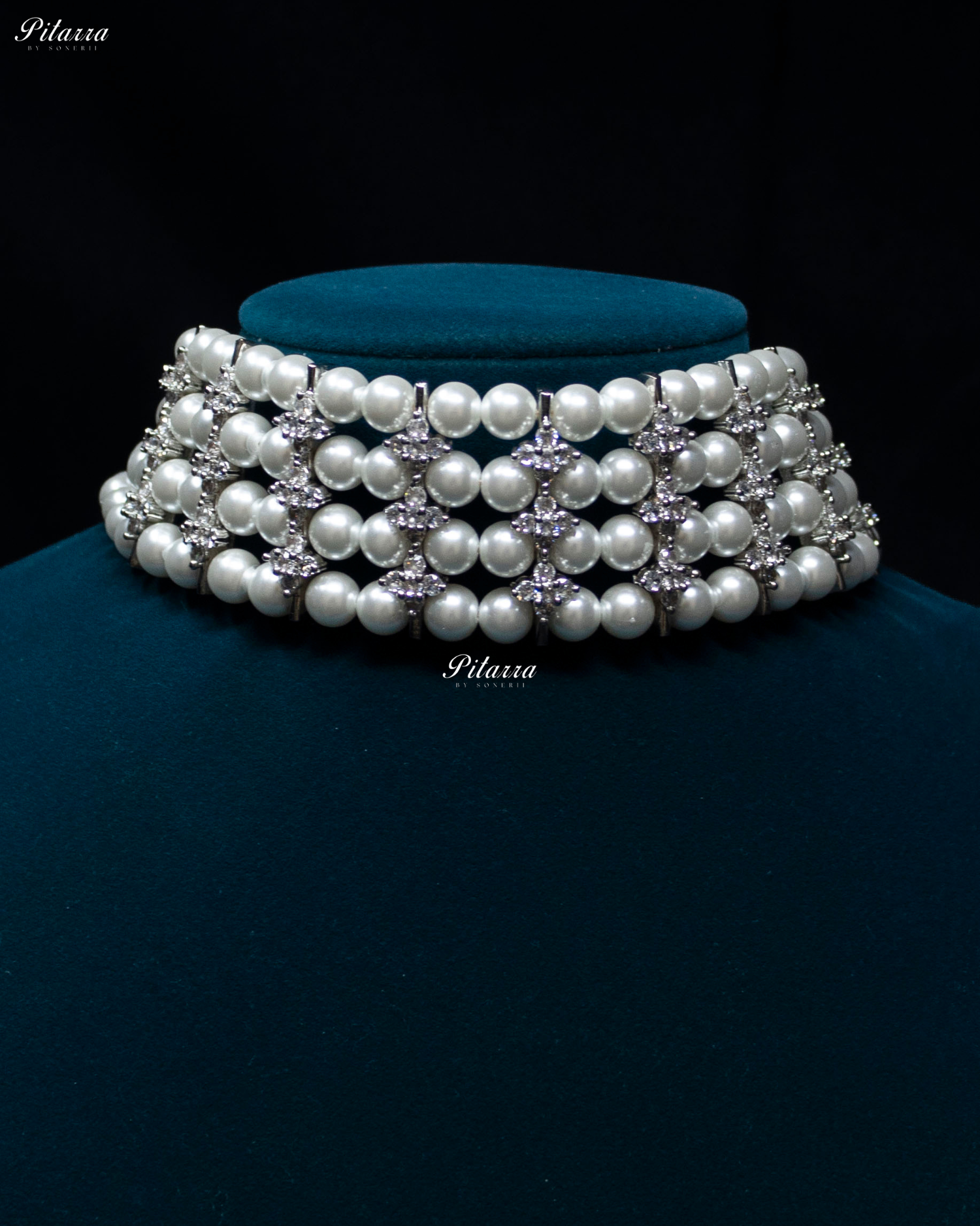 Four Layer Pearly Silver Dimonte Floret Necklace Set