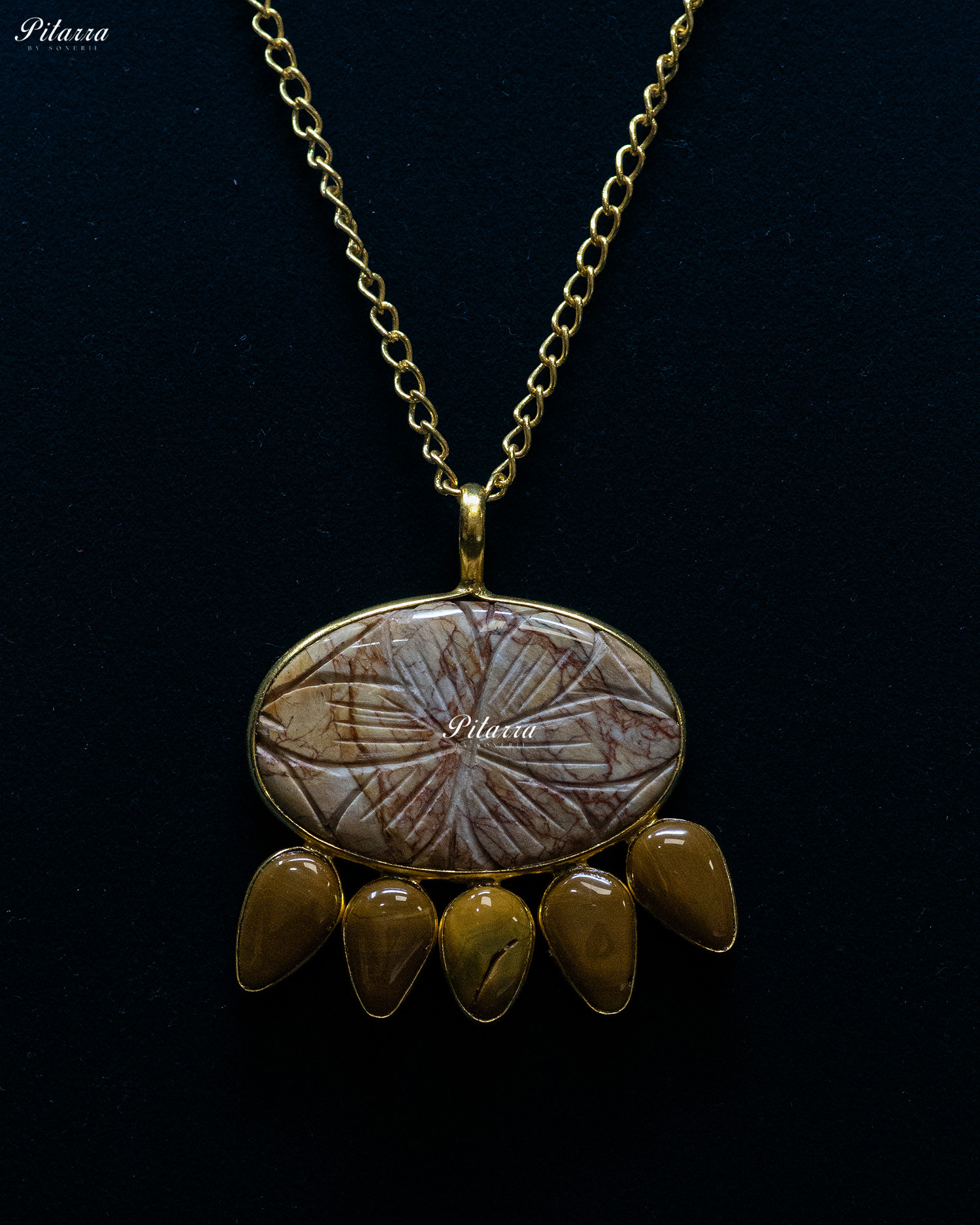 Flower Carved Brown Raw Stone Yellow Drop Pendant