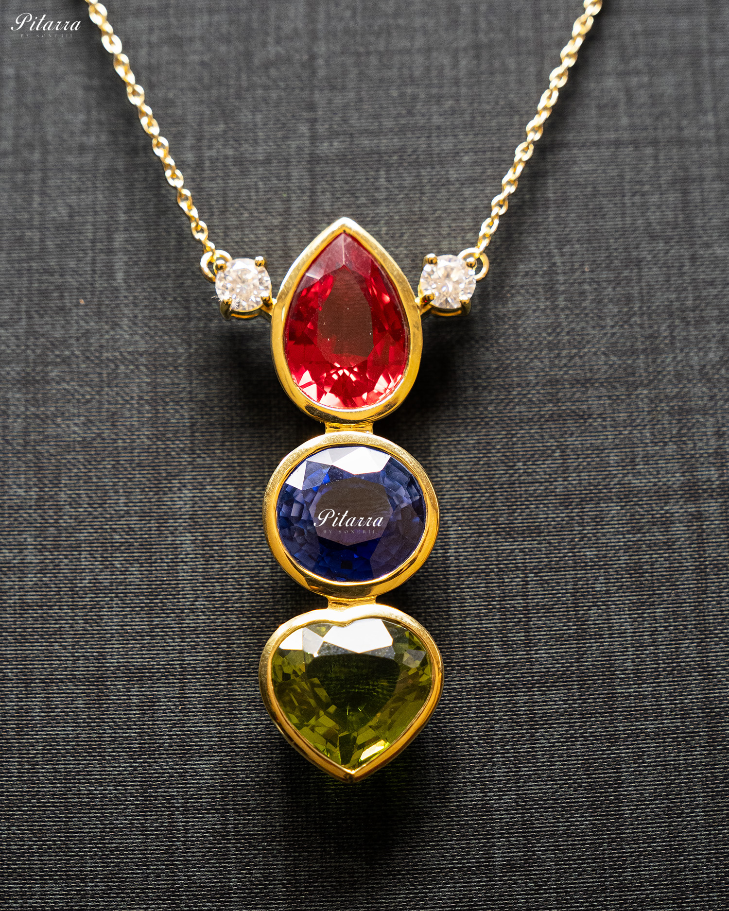 Gold Chain Drop Red Top Stone Green Heart Pendent Set