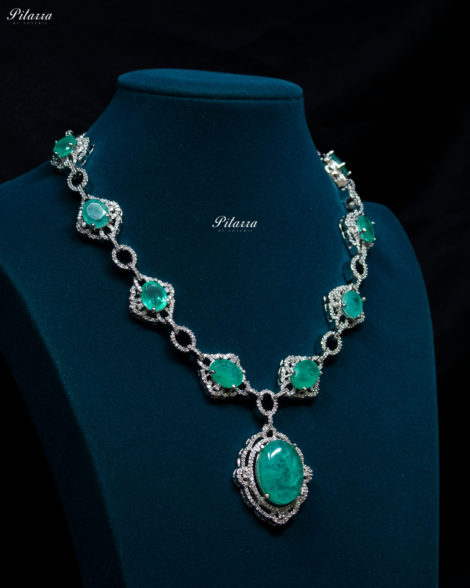 Mint color Stone Silver Finish Tone Crystal Necklace Set