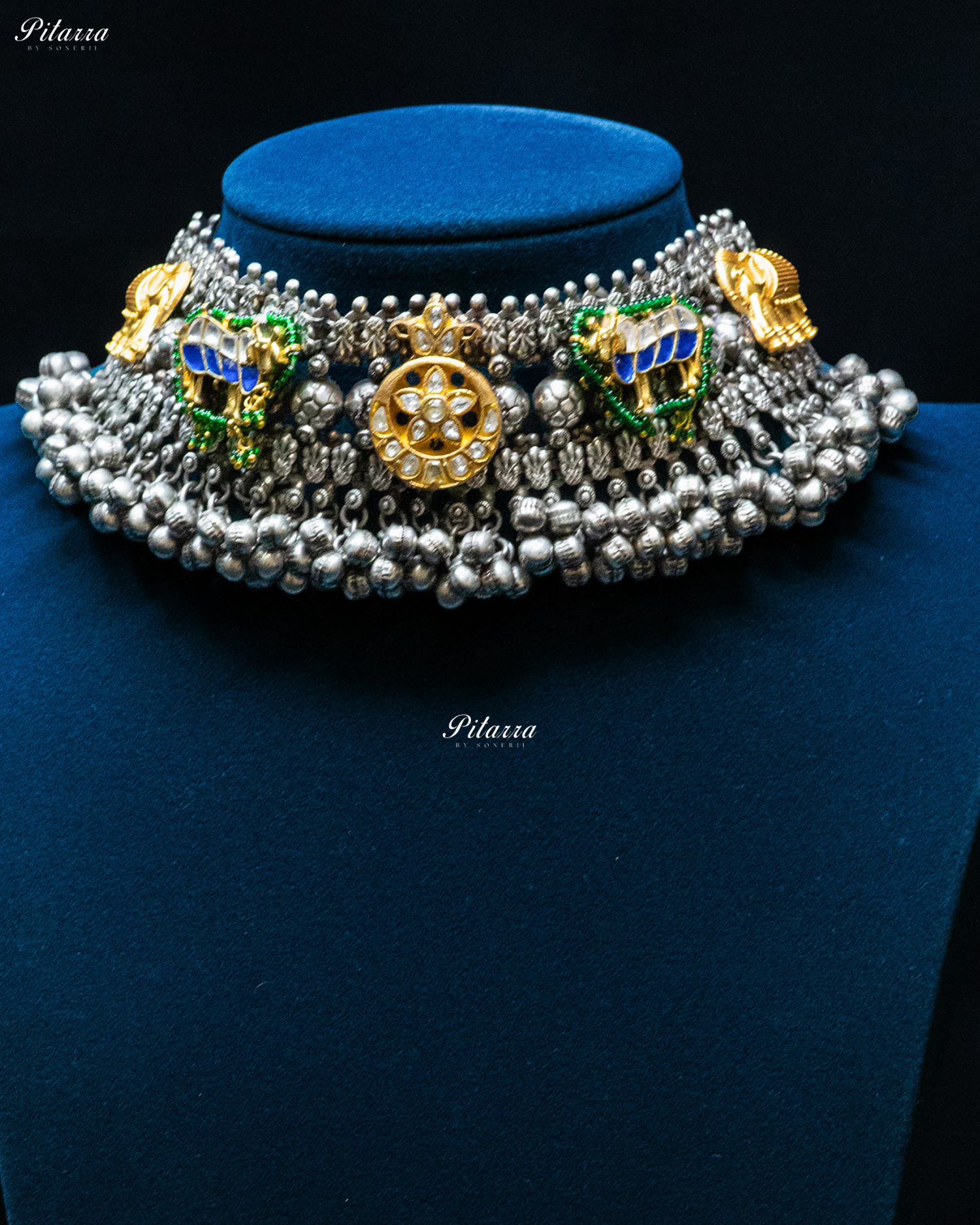 White Flora Green Elephant Ghunghroo Silver Look Alike Choker Set