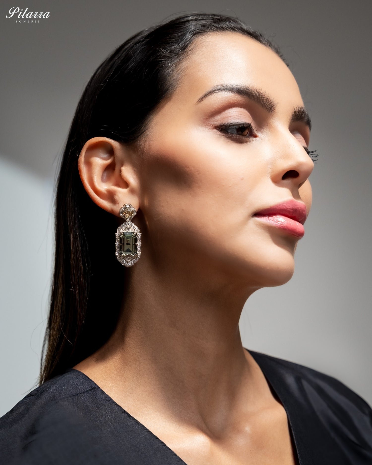 Smoky Green Emerald Cut Diamond Halo Drop Earrings