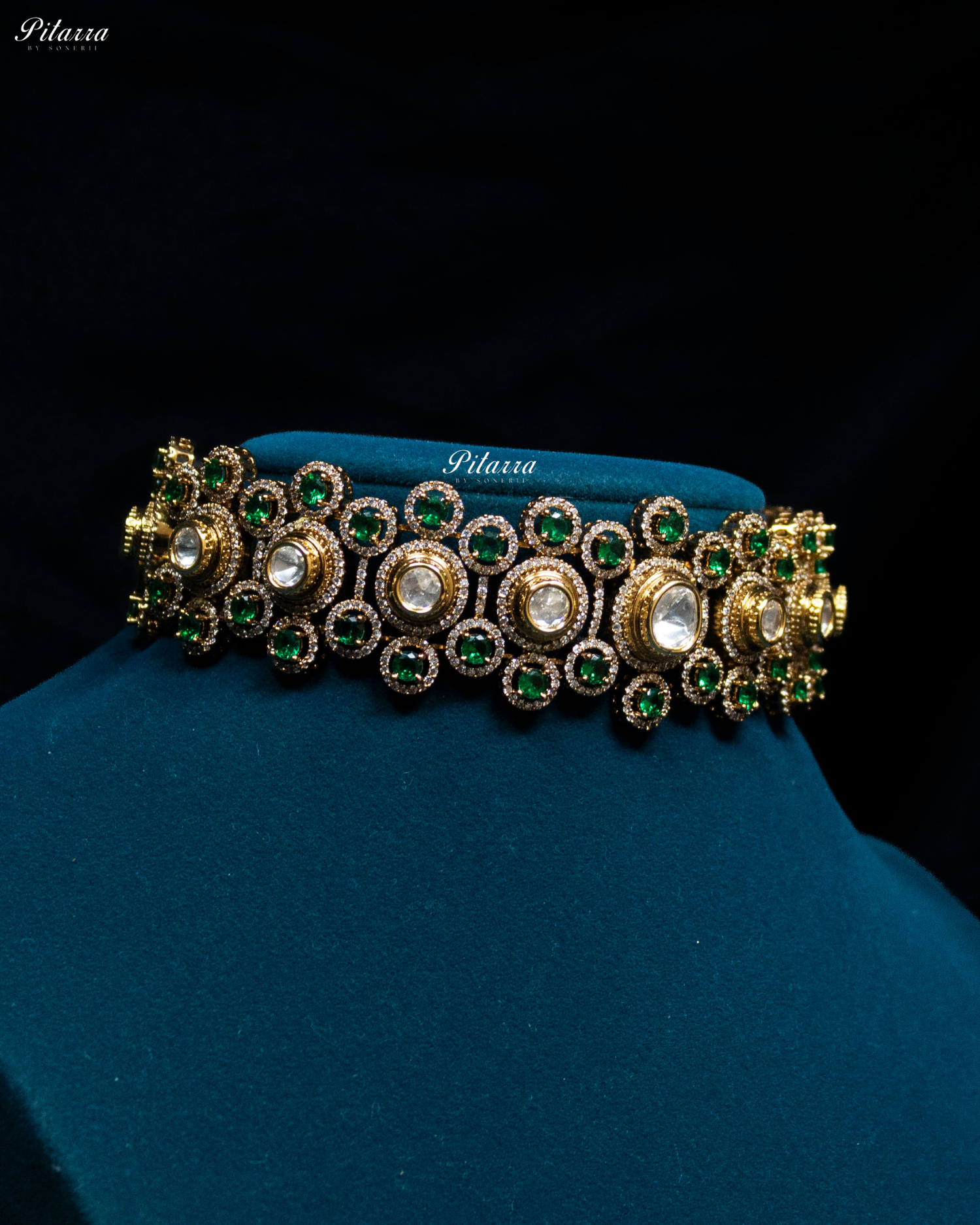 Emerald Stone Gold Finish Moissanite Kundan Choker Set