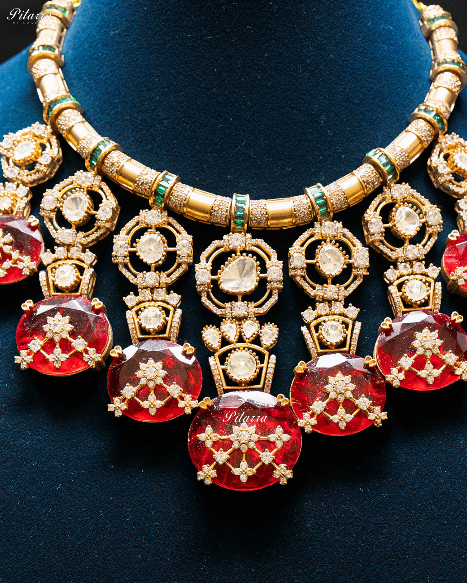 Red Big Stone Victorian Polki Kundan Necklace Set
