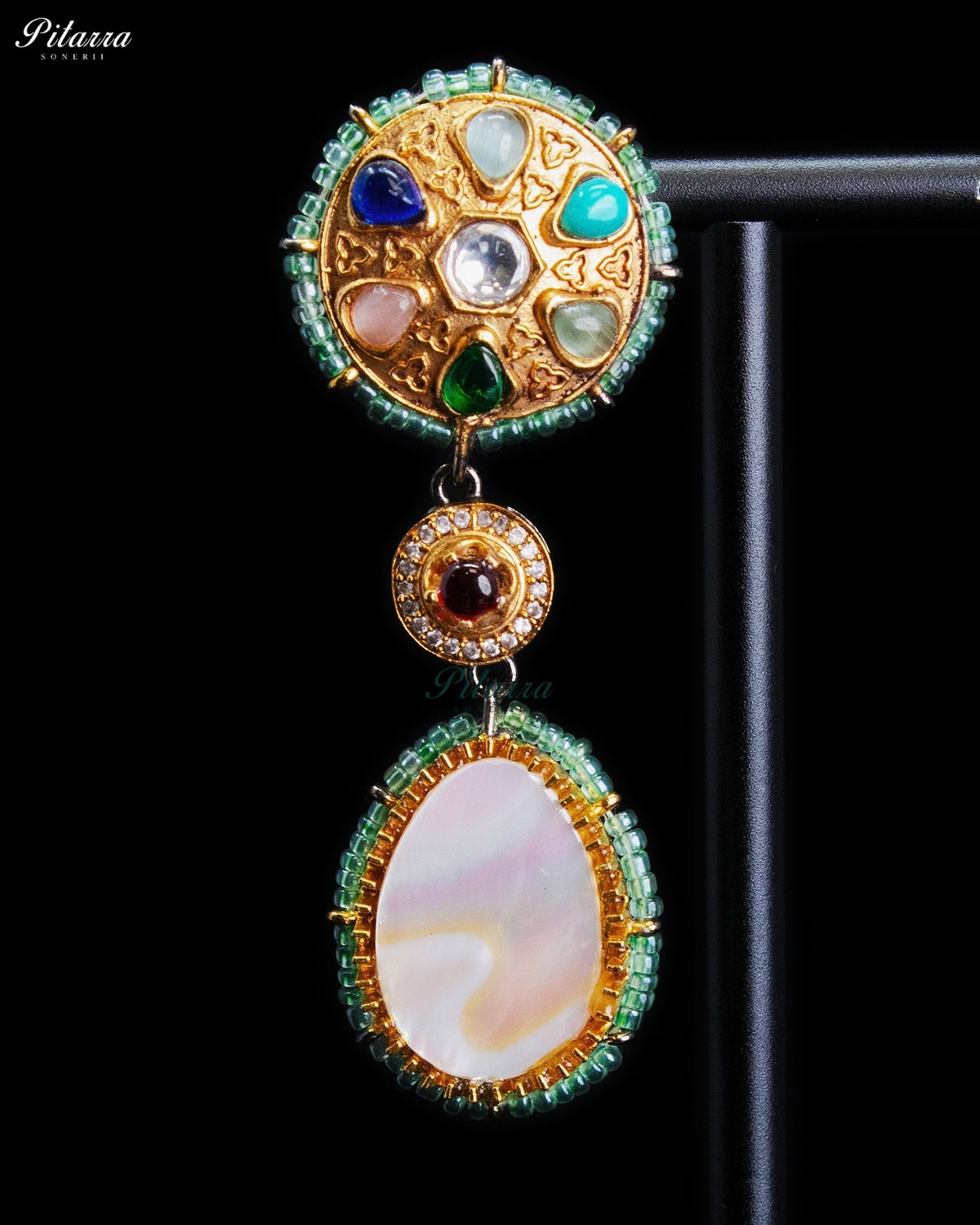 Royal Navratna Inspired Multicolor Kundan Gold Tone Dangler Earrings - Mint Green