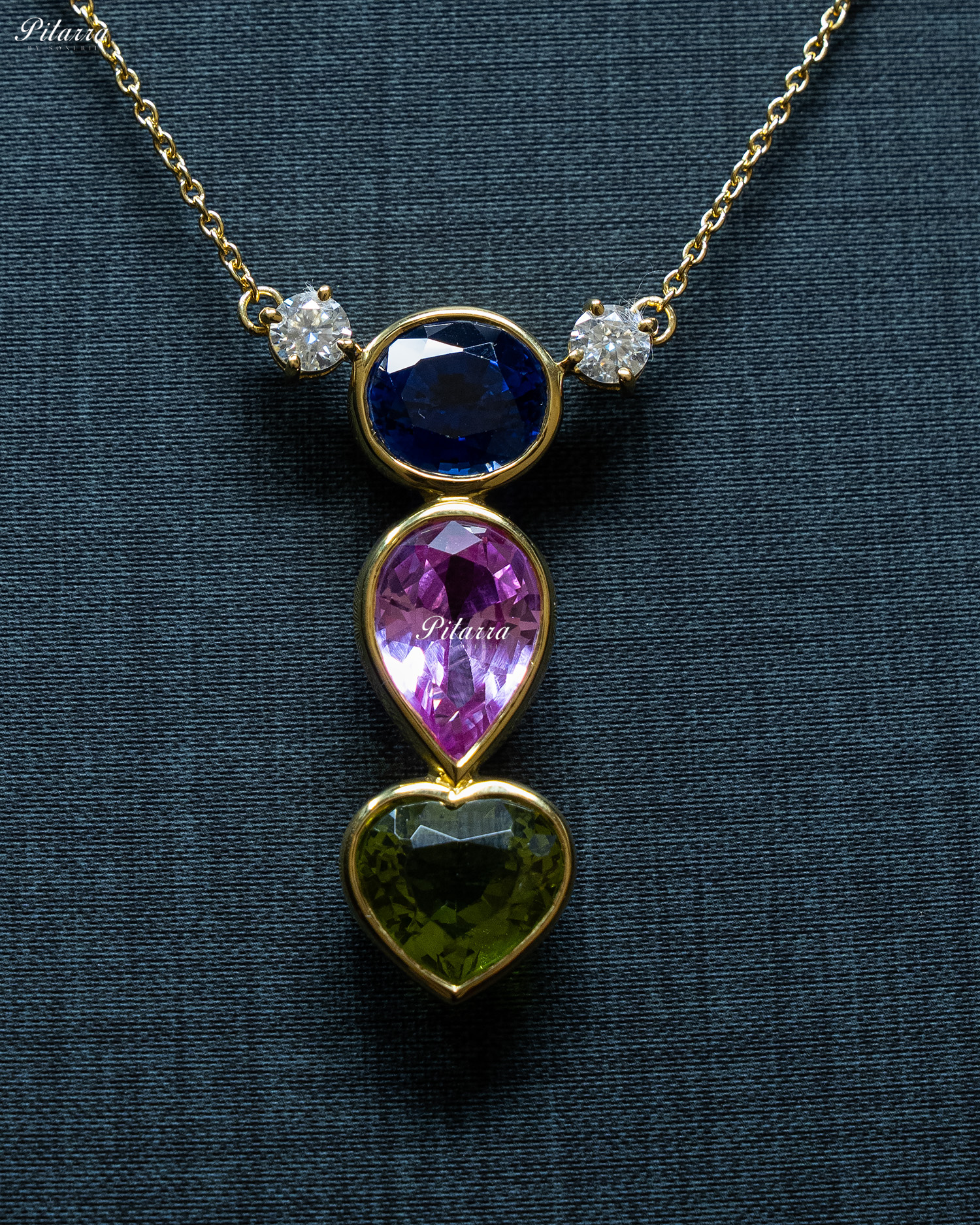 Gold Chain Round Blue Top Stone Green Heart Drop Pendent Set