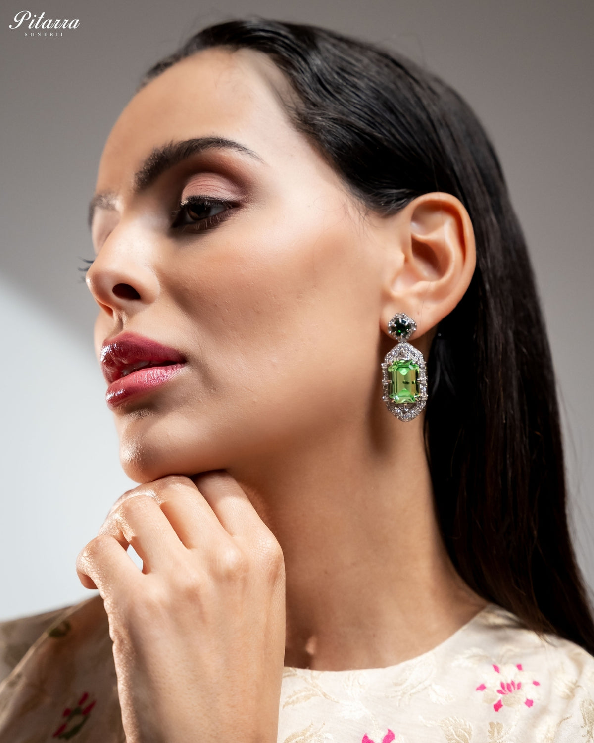 Green Tourmaline Emerald Cut Diamond Halo Drop Earrings