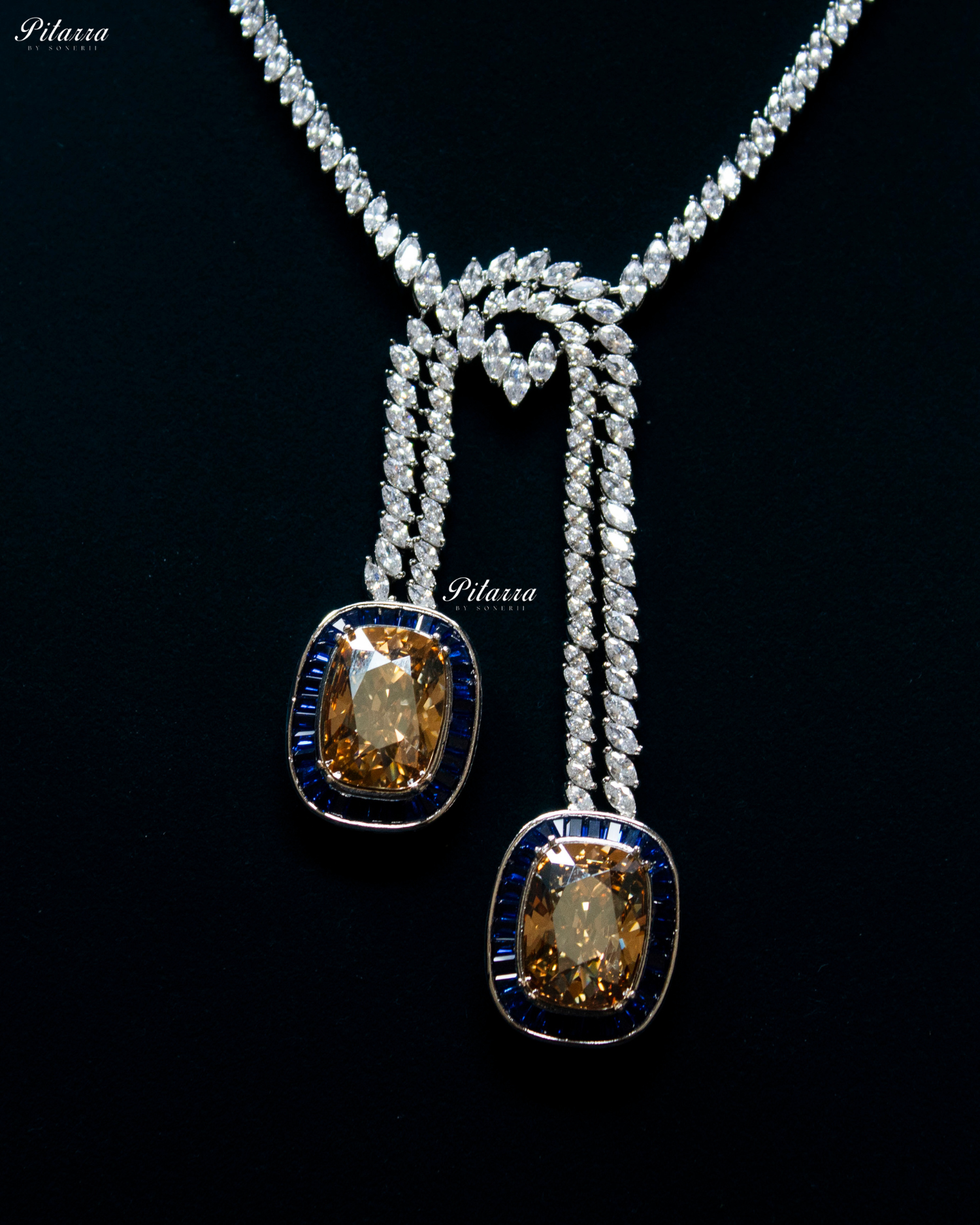 Blue Two Square Silver Line Crystal Necklace Set