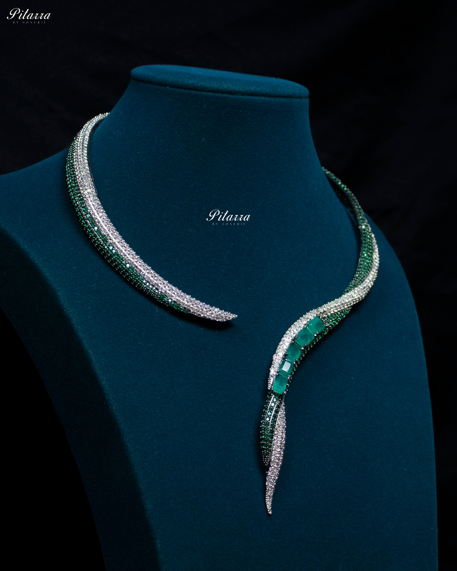 Green Stone Sleek CZ Choker Statement Necklace Set