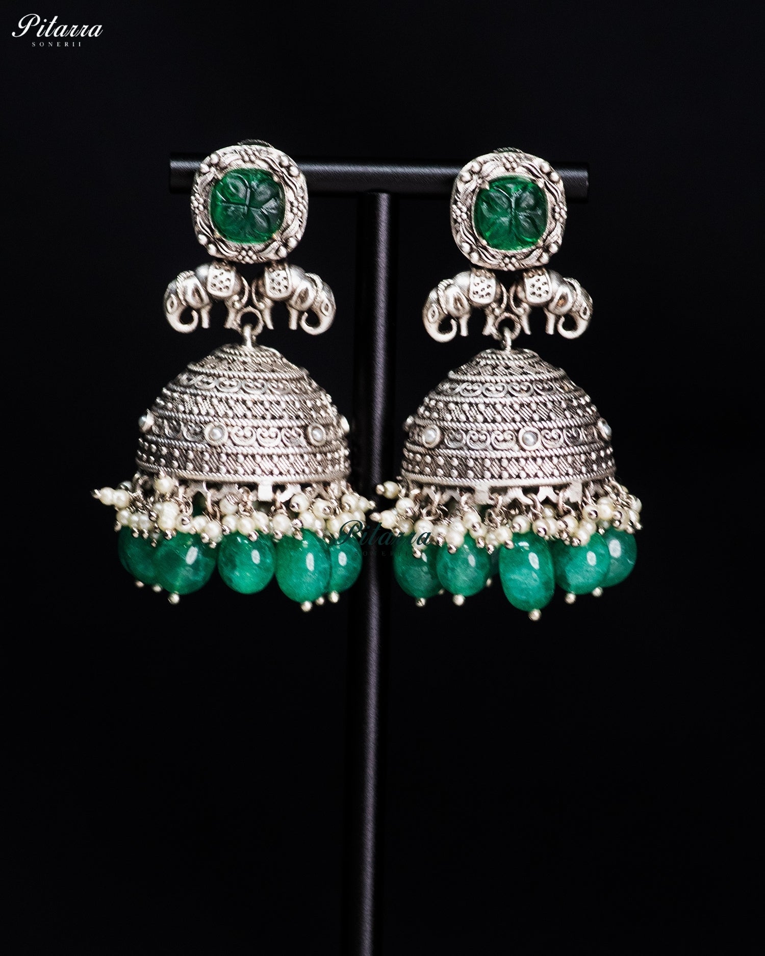 Green Stone Elephant Motif Silver Look-Alike Jhumka Earrings