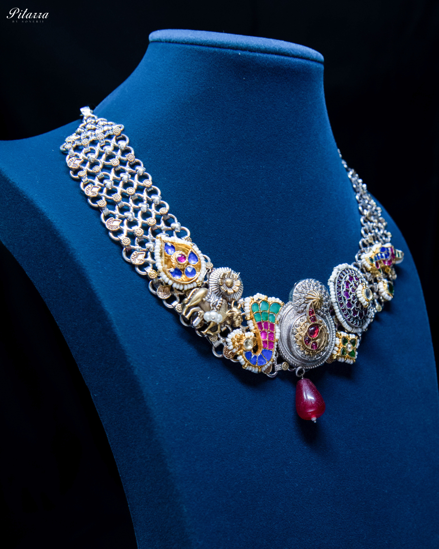 Dual Peacock Design Silver Fusion Necklace Set