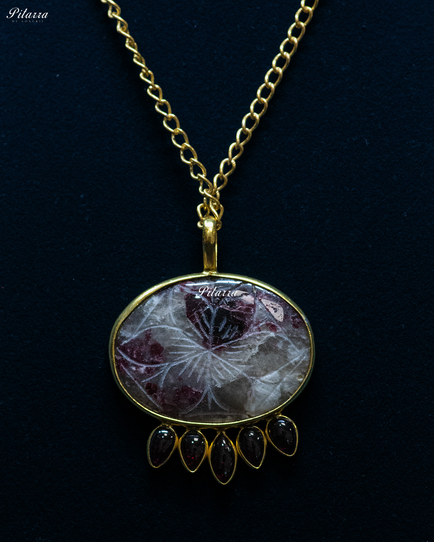 Flower Carved Purple Raw Stone Ruby Red Drop Pendant