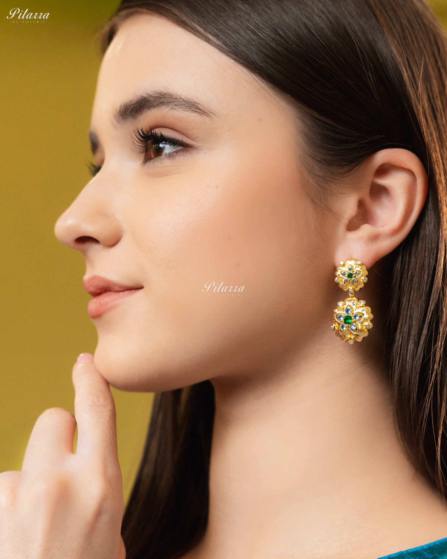Gold Floral Green Stone 92.5 Silver Dangler Earrings